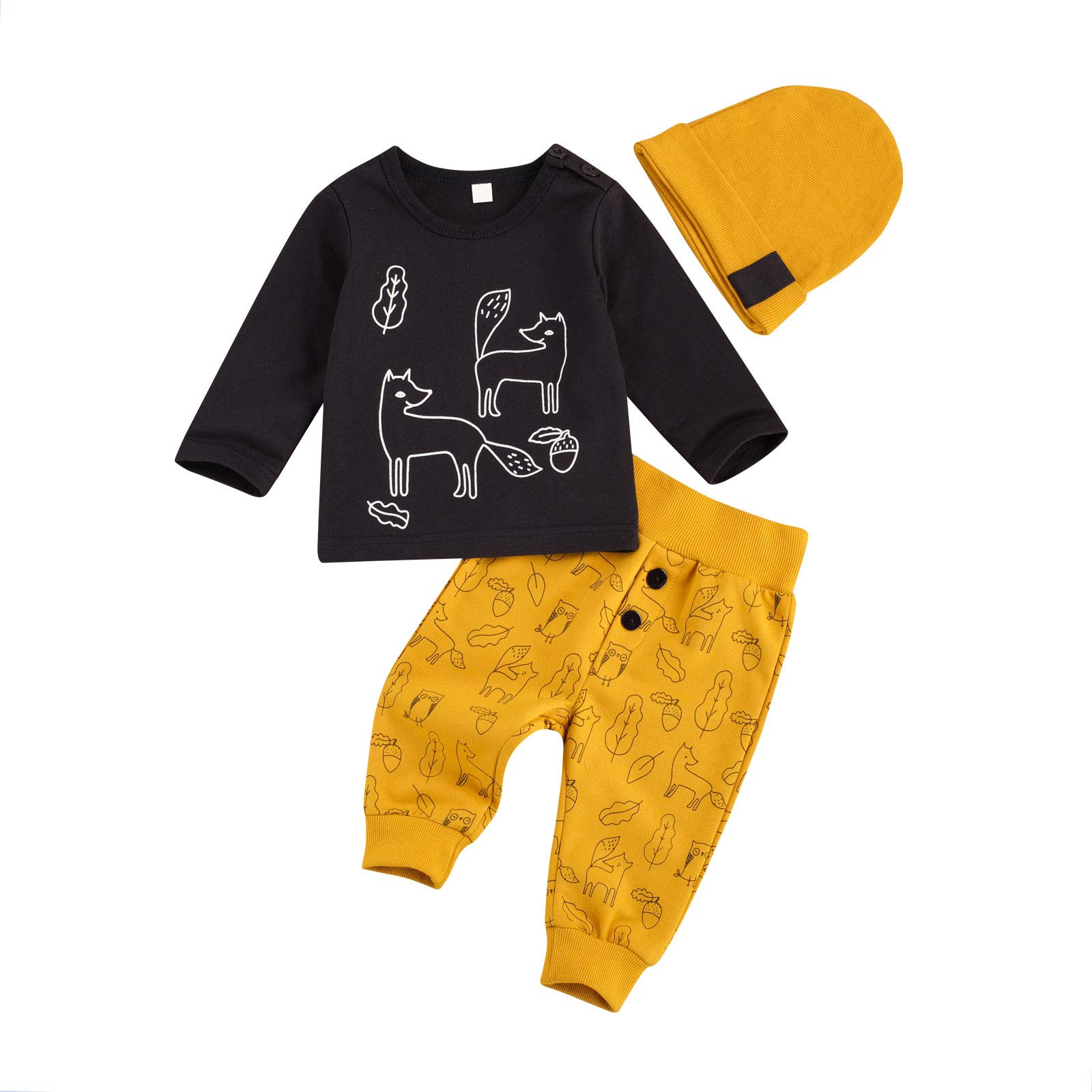 Adorable Fox Printed Baby Boy Clothes Set - Round Collar Outfit with Matching Hat | Cute Toddler Suit for Playdates, Photo Shoots & Everyday Wear