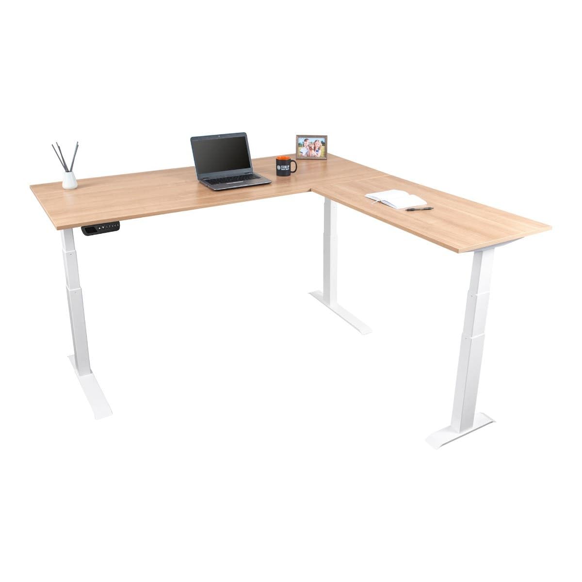 Triple Motor Electric L-Shaped Corner Standing Desk - White Frame with Natural Walnut Top (71