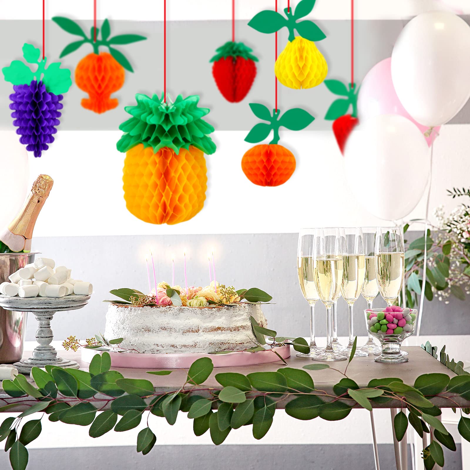 14-Piece Honeycomb Fruit Tissue Paper Decorations Set - Pineapple, Strawberry Party Decor for Birthday, Wedding, Baby Shower | Table Centerpieces & Hanging Decorations for Home, Party, Event Decoration