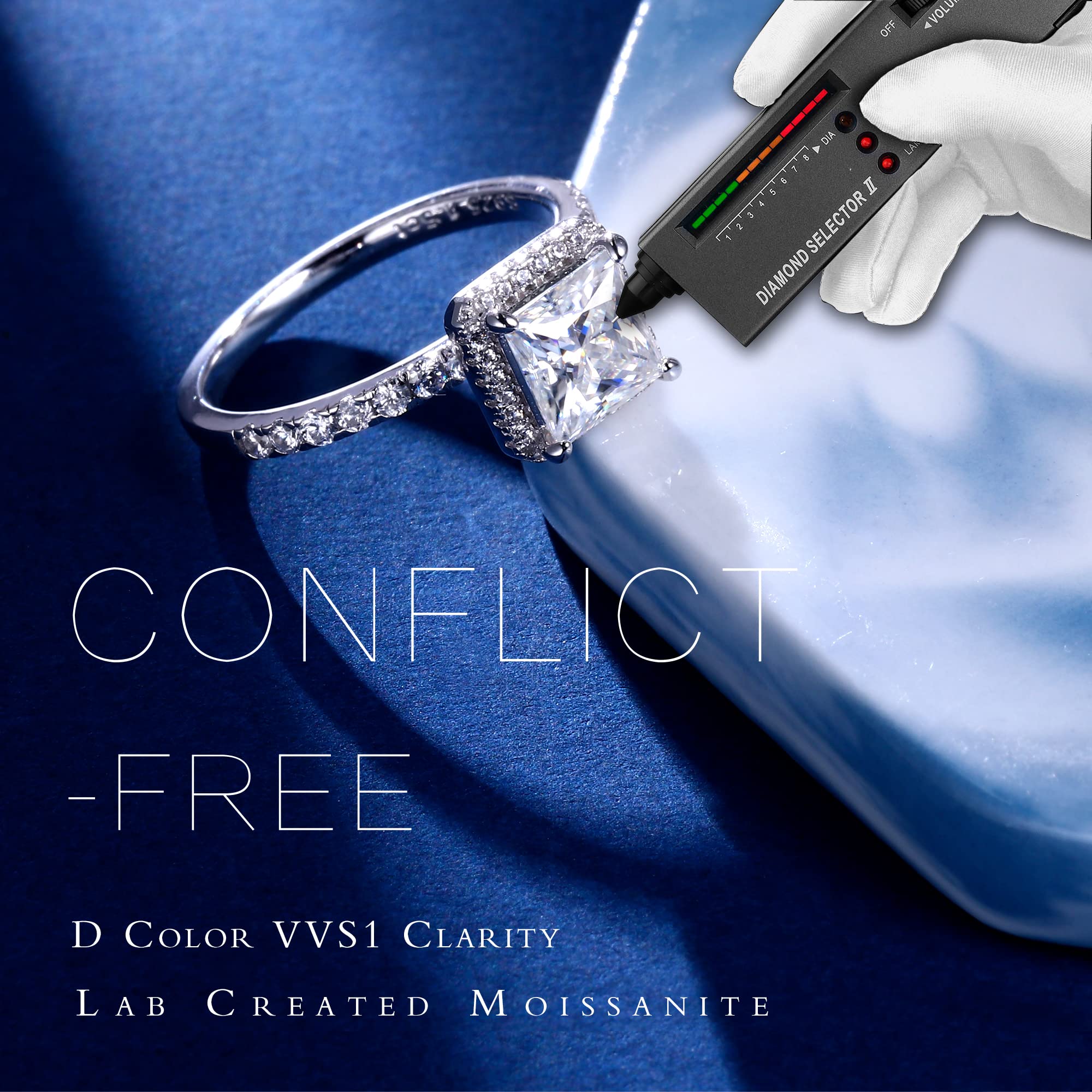 MOOSEA 1.5ct Princess Cut D Color VVS1 Clarity Lab-Created Moissanite Engagement Ring for Women - 14K White Gold Vermeil Luxury 4-Prong Wedding Band - Perfect Gift for Wife, Girlfriend, Mother (Anniversary, Valentine's Day, Proposal, Bridal Jewelry)