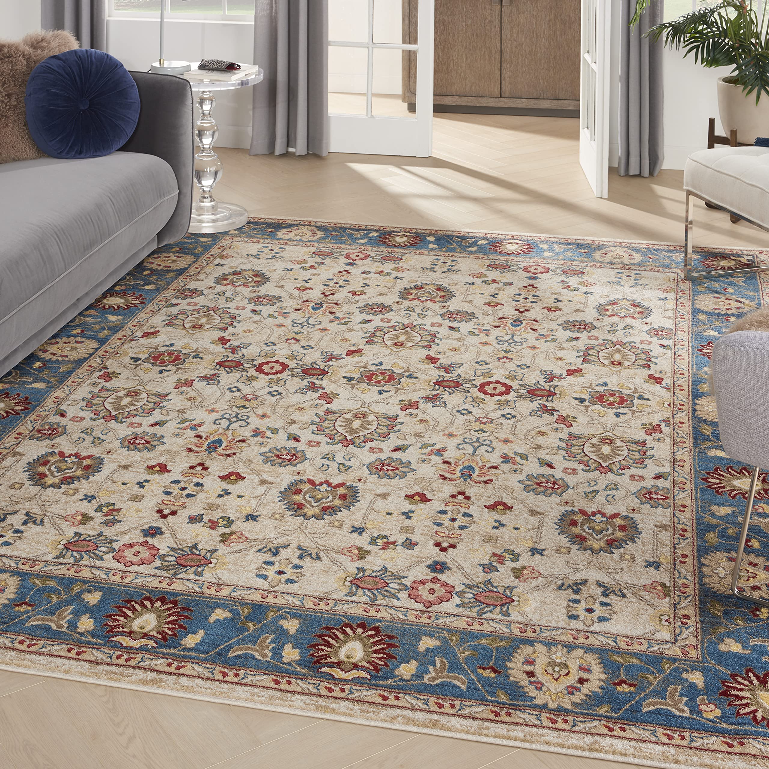 Nourison Revel Floral Ivory Blue 8x10 Area Rug - Easy Cleaning, Non-Shedding, Soft & Durable - Perfect for Bedroom, Living Room, Dining Room & Kitchen Decor
