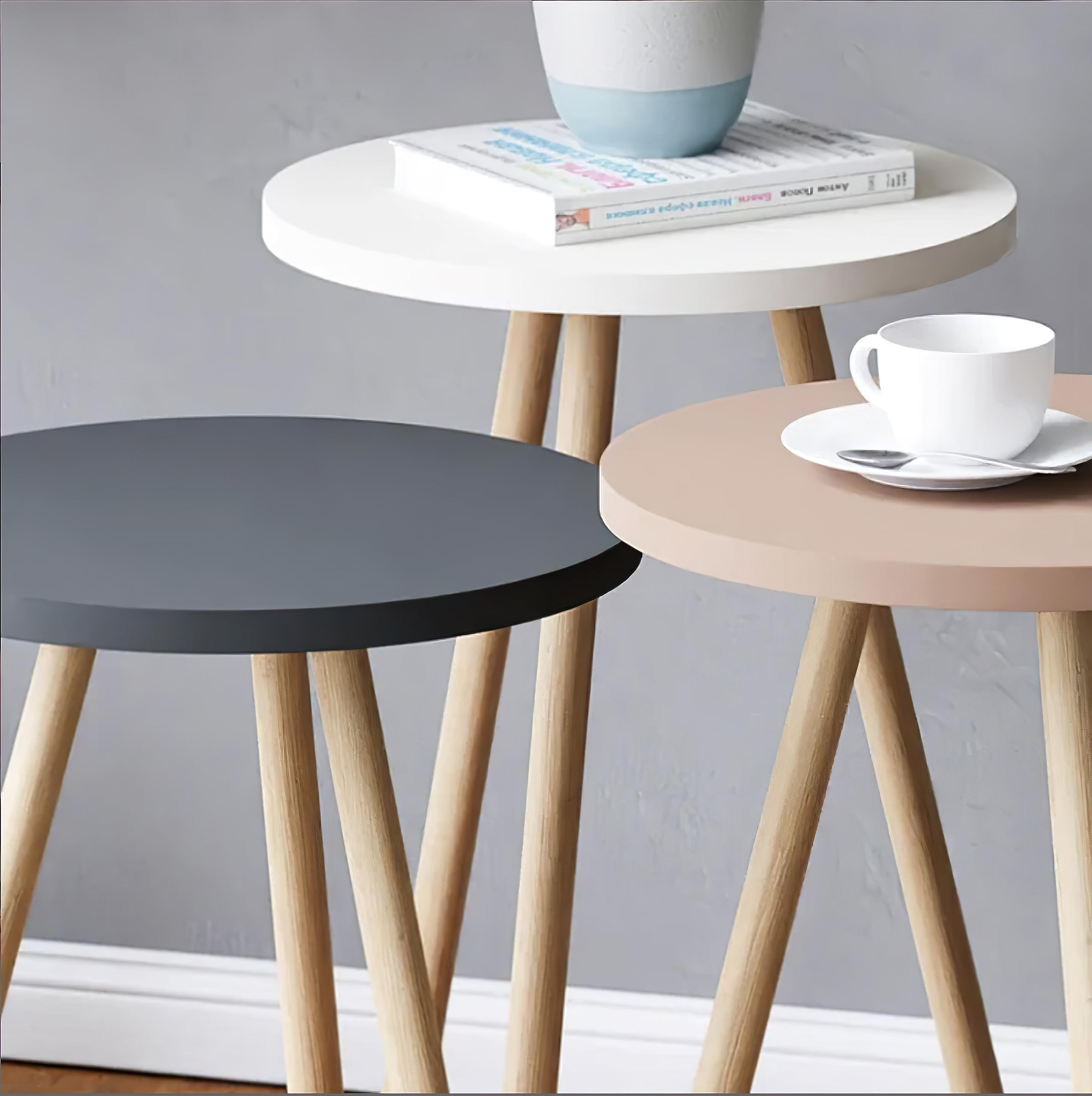 Round Nesting Coffee Table Set of 3 - Space Saving Stackable Mid Century Modern End Tables for Small Living Rooms, Bedrooms & Apartments | Perfect for Compact Spaces with Pastel Decor | Living Room Furniture, Home Decor