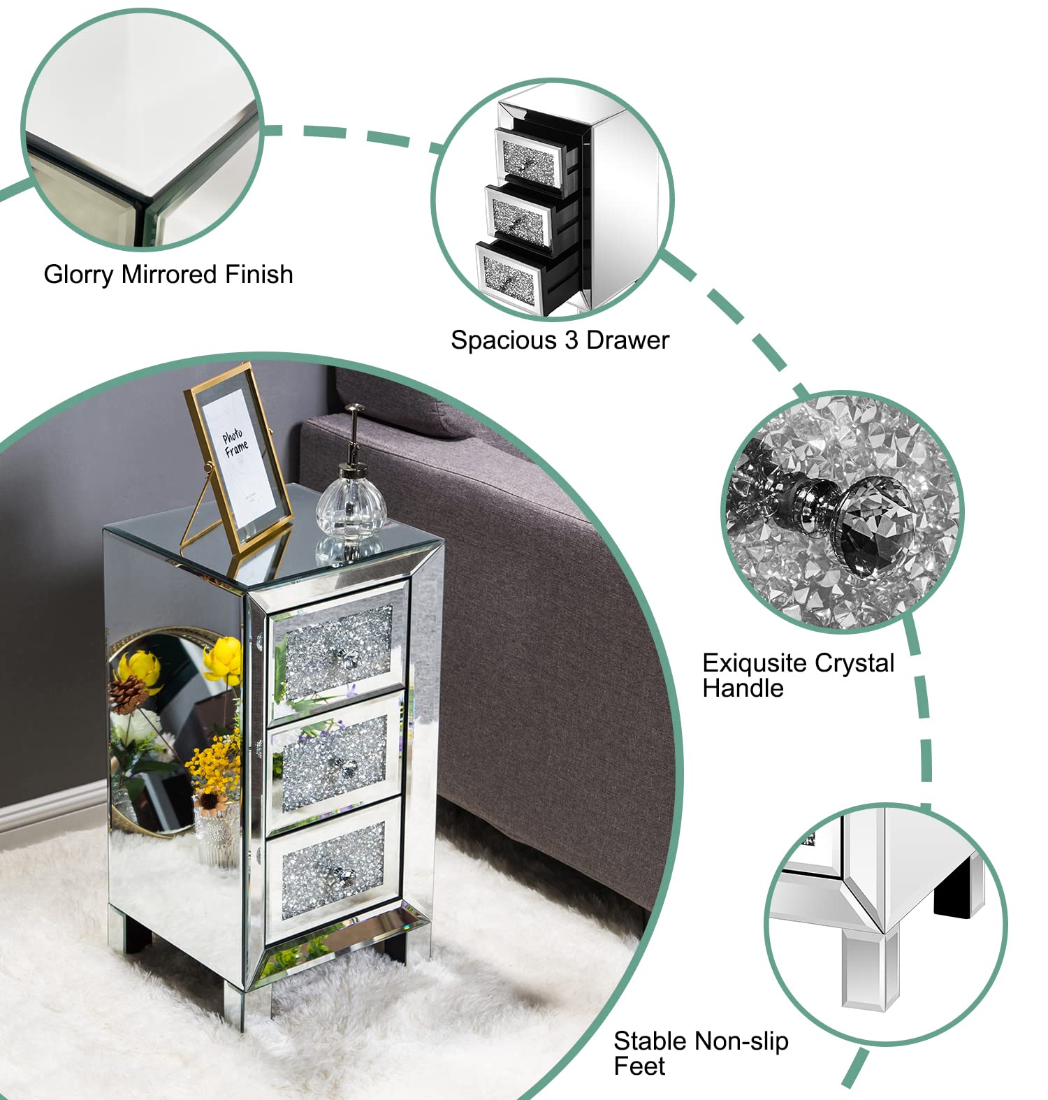 Modern Mirrored 3-Drawer Nightstand with Crystal Knobs - Silver Finish Bedside Table for Bedroom & Living Room Storage