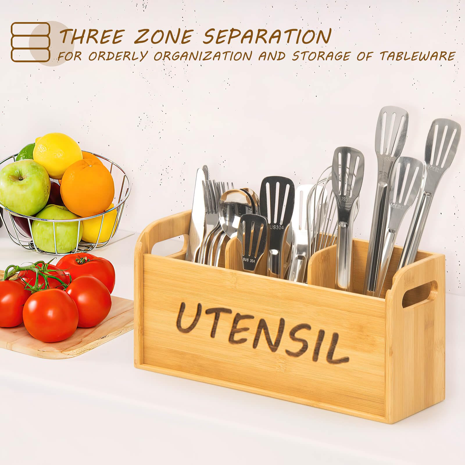 Bamboo Kitchen Utensil Holder - 3 Compartment Countertop Organizer for Cooking Tools