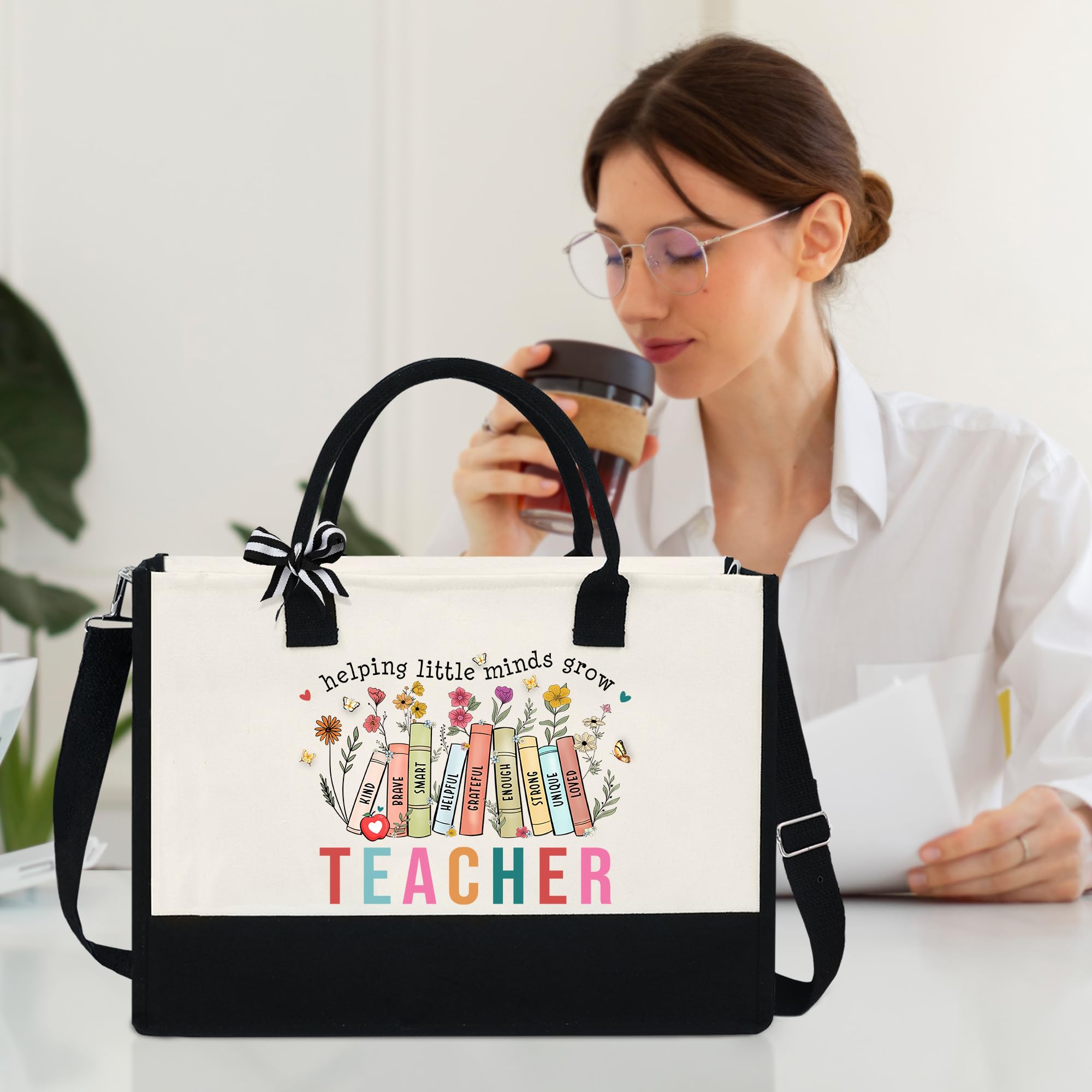OASSIE Teacher Appreciation Gifts - 13oz Canvas Tote Bag with Zipper - Perfect Teacher's Day, Birthday & Thank You Gift for Women - Great for School, Work & Everyday Use
