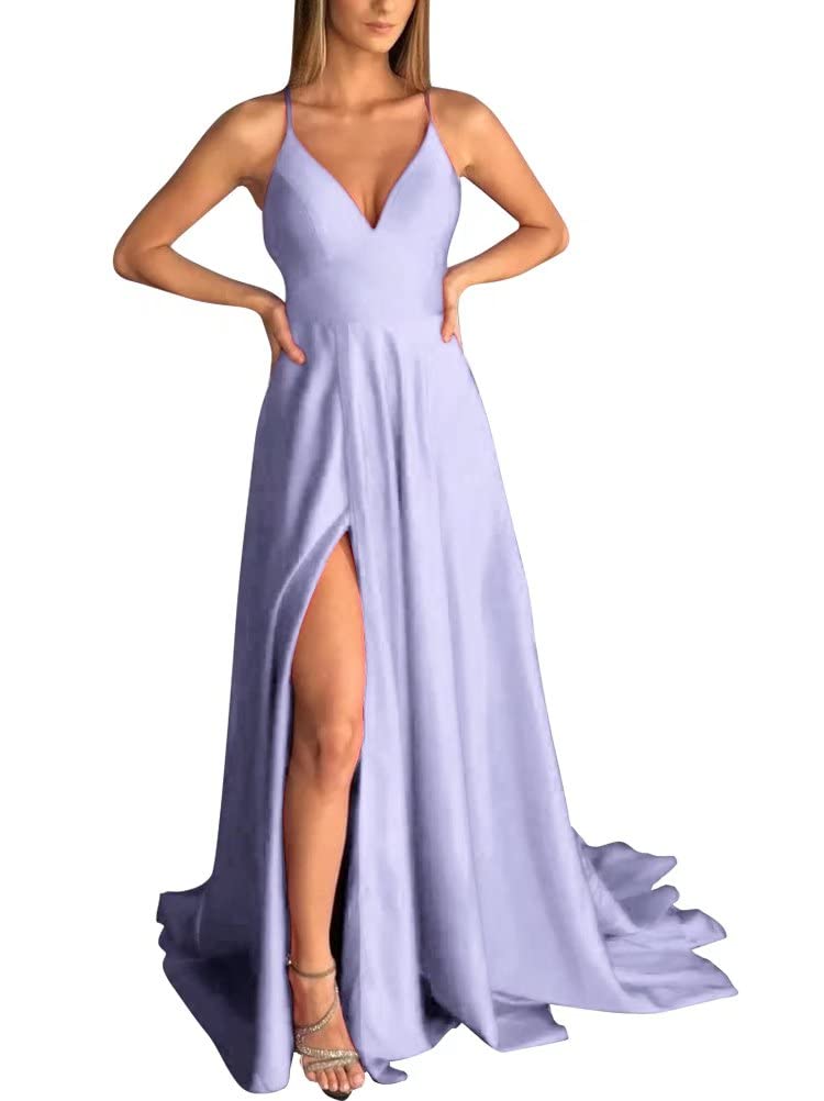 Elegant Lavender V-Neck Satin Prom Dress with Thigh Slit - Sleeveless Long Evening Gown for Women Size 22W | Perfect for Weddings, Formal Parties & Special Occasions