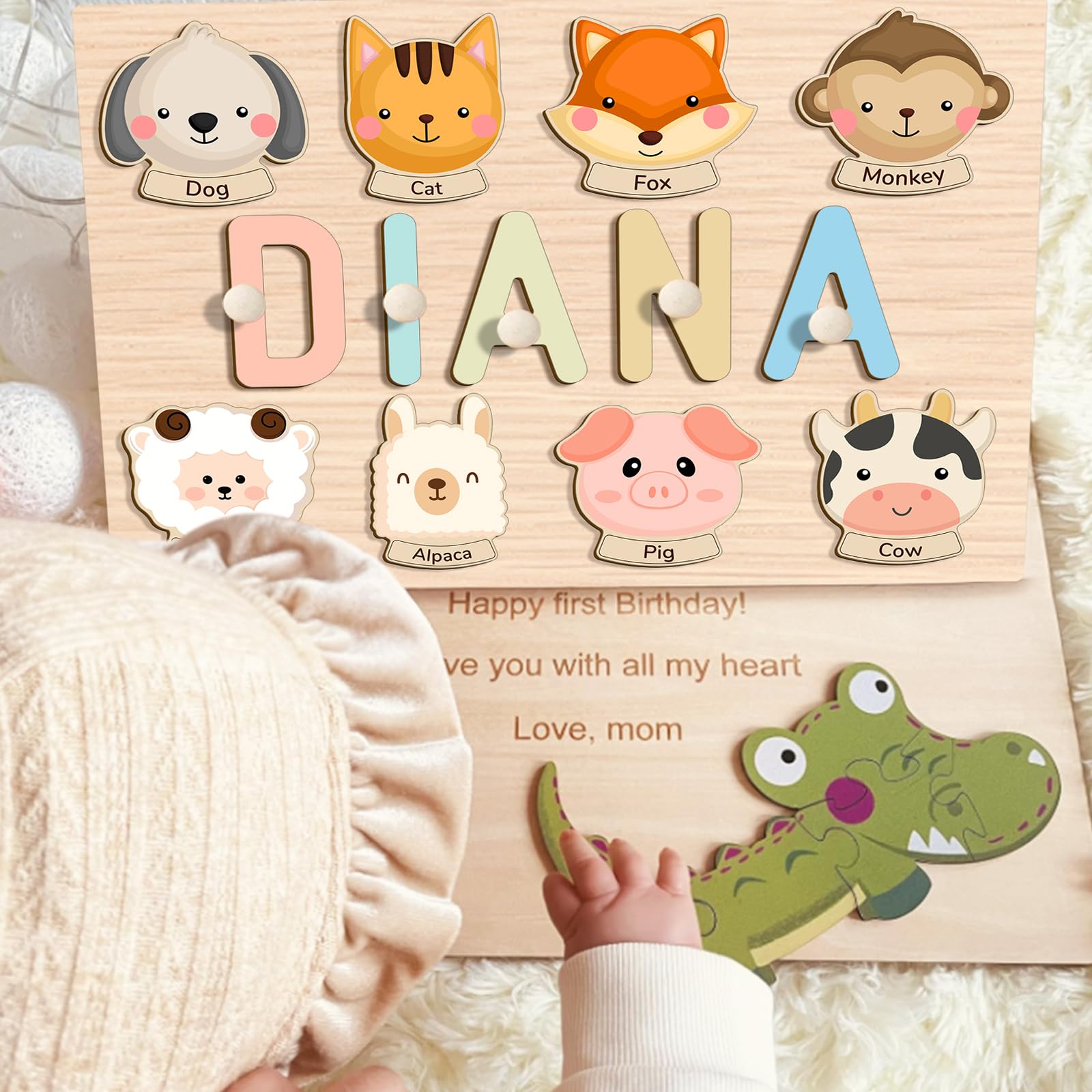 Personalized Wooden Name Puzzle for Toddlers 1-3 Years Old - Custom Baby Learning Toy with Animal Shapes, Engraved Text - Perfect Easter Basket Stuffers, 1st Birthday Gifts & Early Education Activity for Boys and Girls