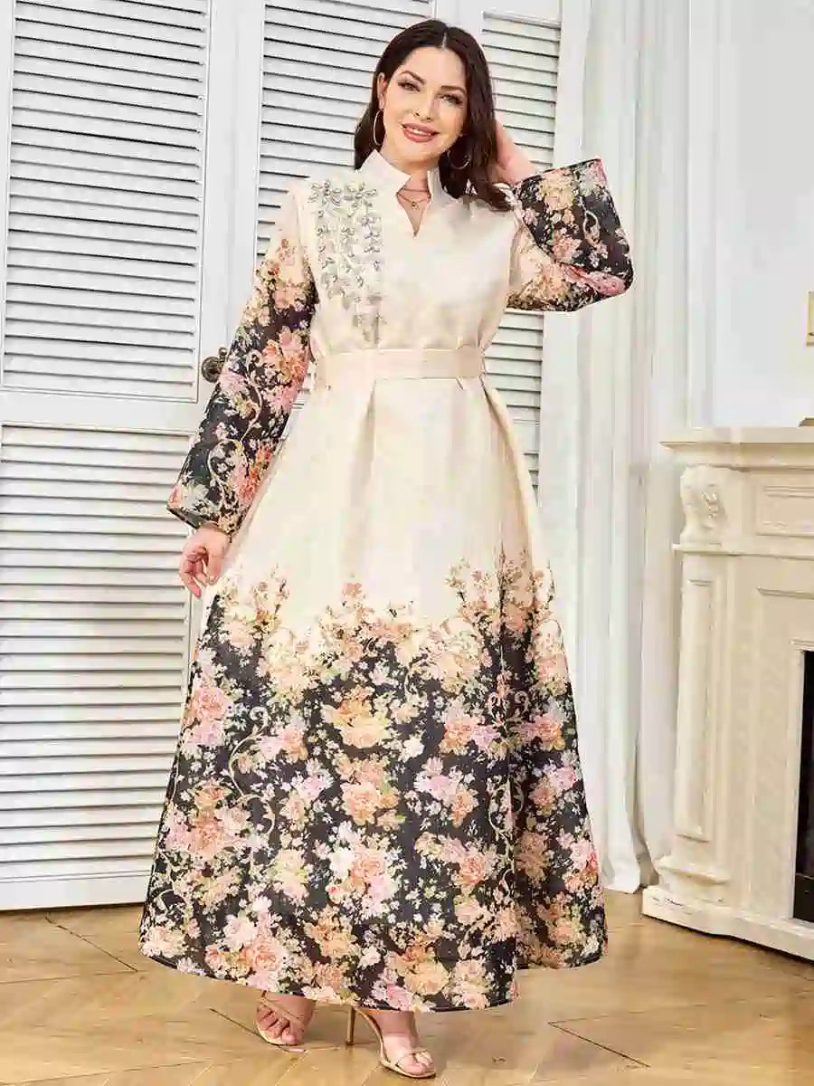 Elegant Hotfix Rhinestones Printed Caftan Kaftan Dress for Women - Eid Party, Wedding, Special Occasions #25374
