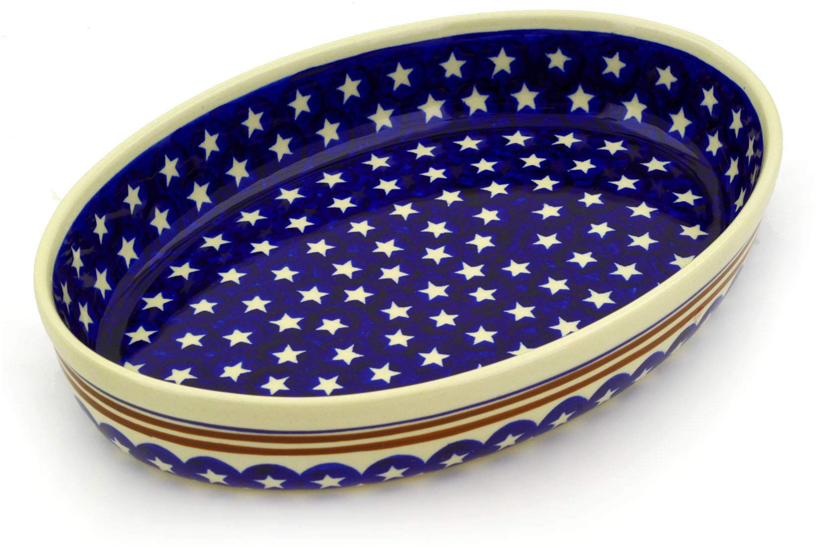 Blue Rose Polish Pottery Stars & Stripes Medium Oval Baker - Handmade Ceramic Baking Dish for Casseroles, Pies & Desserts - Perfect for Holidays, Parties & Home Decor