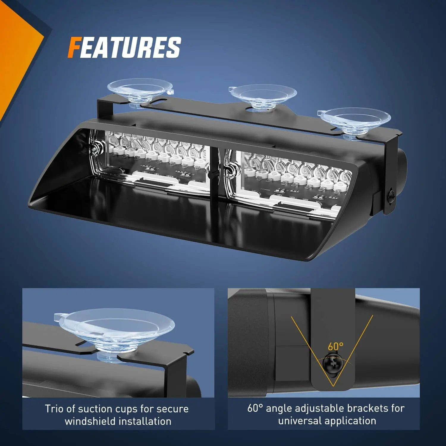 8 Inch 16 LED Amber Strobe Light for Trucks & Emergency Vehicles - High Visibility Hazard Warning Light for Windshield, Construction, Roadside Safety