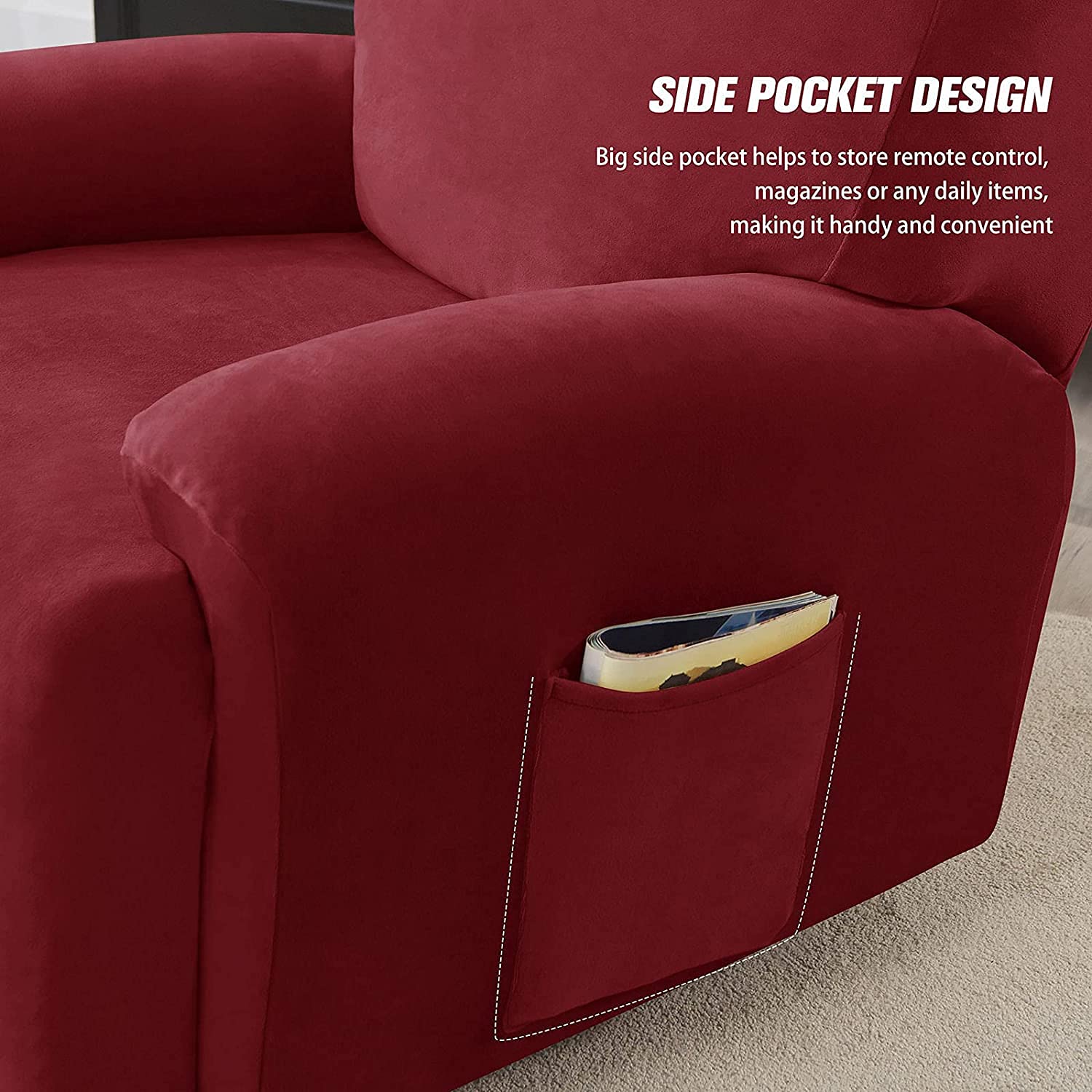 10-Piece Velvet Stretch Recliner Sofa Covers - Soft Washable Slipcovers for 4-Cushion Reclining Couches, Thick Furniture Protector (Red) - Perfect for Living Room, Home Theater & Family Gatherings