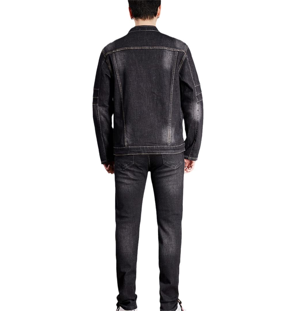 Men's Slim Fit Denim Jacket & Jeans Two-Piece Set - Stand Collar Cowboy Style for Spring & Autumn | Casual Work Wear, Western Outfit for Daily Wear & Outdoor Activities