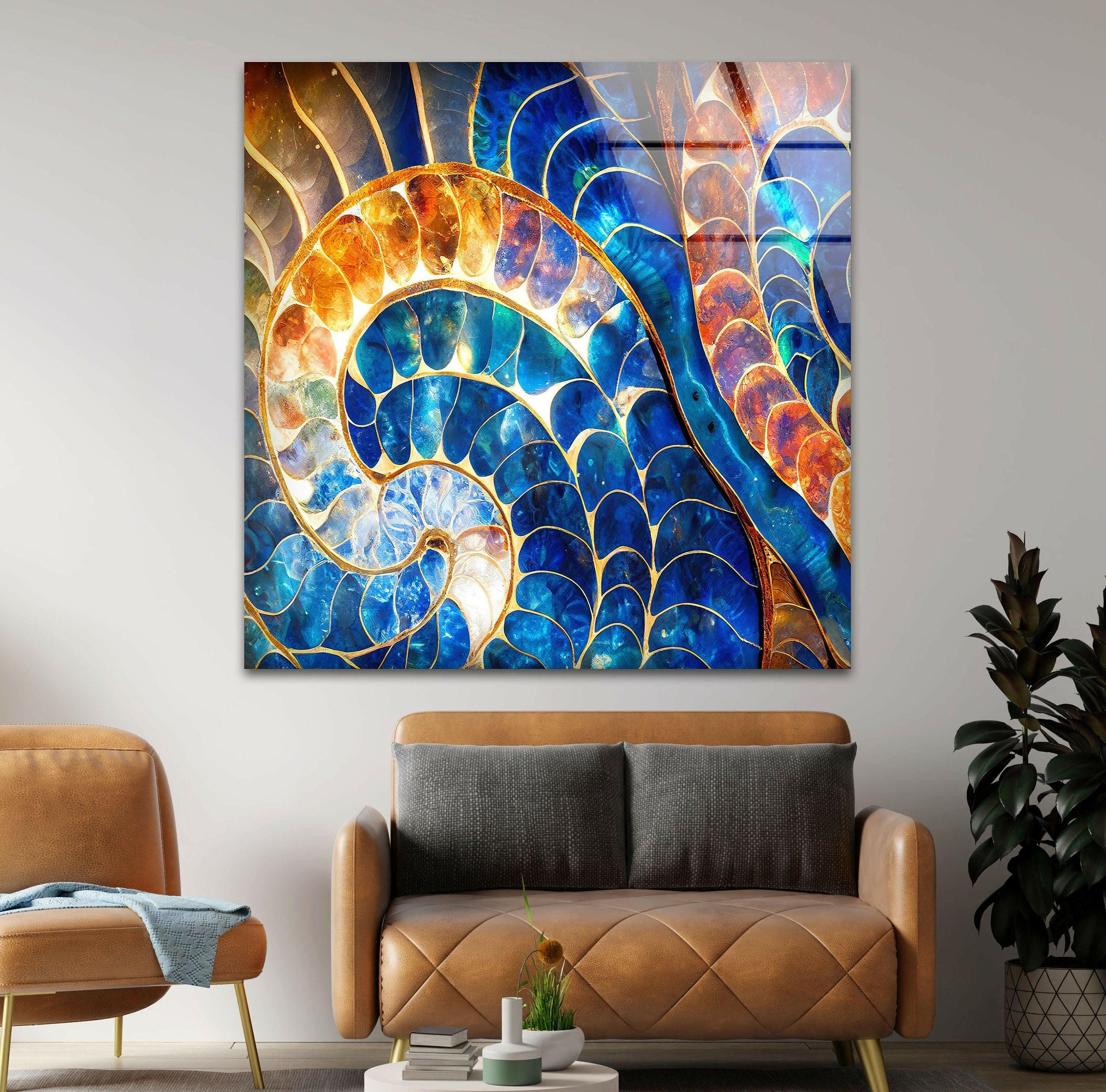 Blue & Orange Shell Glass Wall Art - Handmade Coastal Decor for Living Room, Bedroom, or Beach House - Perfect for Boho, Nautical & Seaside Home Decor