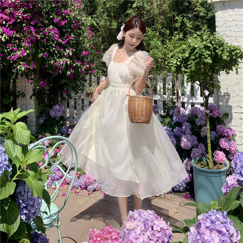 2023 New French Apricot Square Neck Puff Sleeve Dress - Elegant Fairy Princess Skirt for Girls | Perfect for Birthday Parties, Tea Parties & Special Occasions
