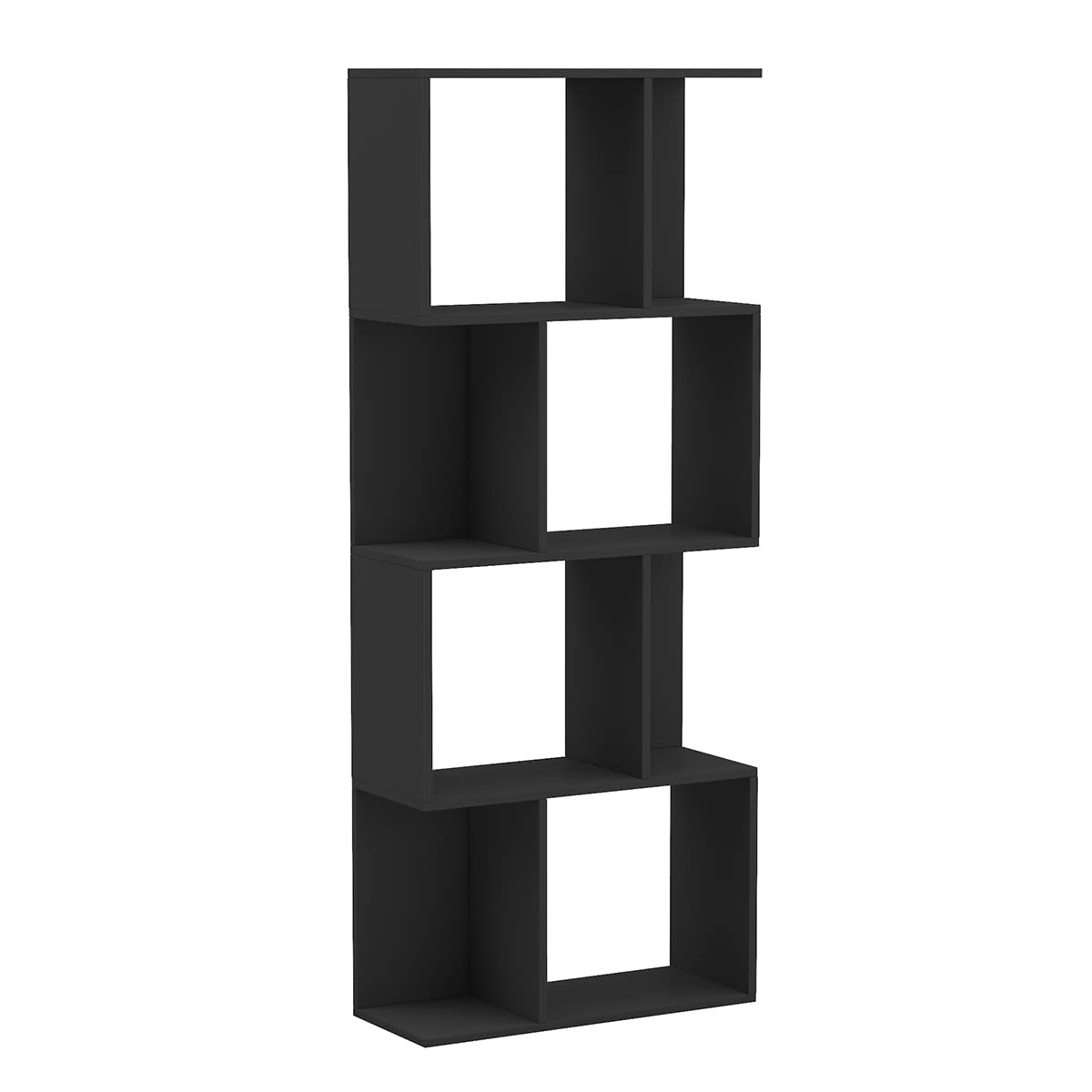VANSPACE 4-Tier Geometric Bookcase with Storage - Modern S-Shaped Bookshelf & Room Divider - Freestanding Industrial Shelf for Bedroom, Living Room, Office Decor - Black | Perfect for Small Spaces, Book Display & Home Organization