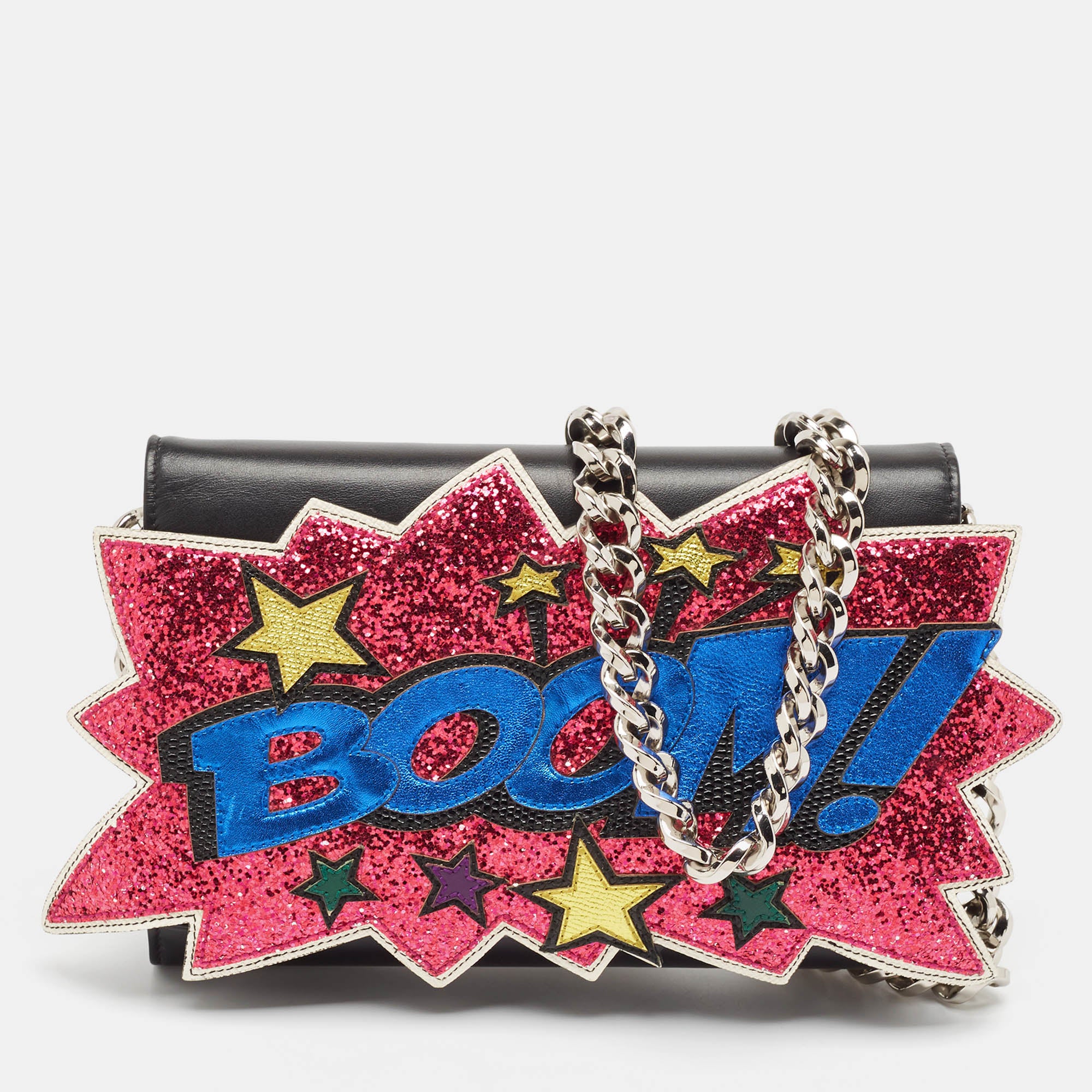 Black Boom Patch Chain Shoulder Bag for Women - Trendy Crossbody Purse with Adjustable Strap, Fashionable Gothic Handbag for Daily Use, Work, Travel & Night Out