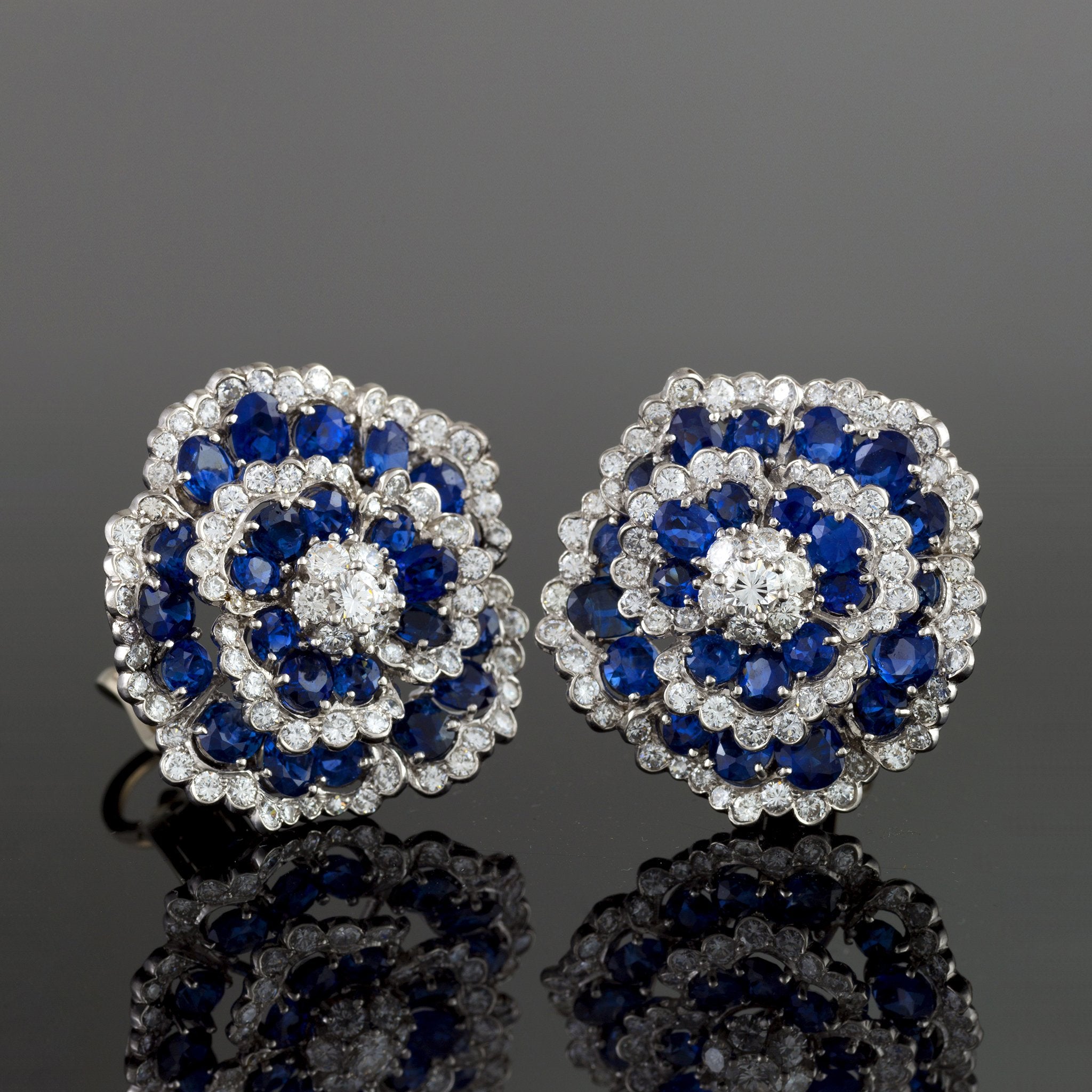 Van Cleef & Arpels Sapphire & Diamond Camellia Earrings - Luxury 18K White Gold Floral Stud Earrings for Women, Perfect for Weddings, Anniversaries & Special Occasions
