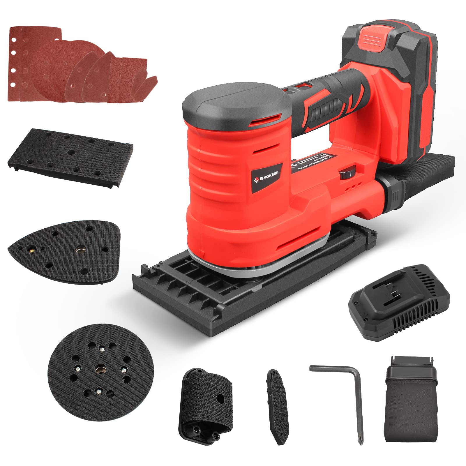 BLACKCUBE 20V Cordless 5-in-1 Multi-Function Detail Sander with 6 Speed Control, Dust Bag, 2.0Ah Battery & Fast Charger - Perfect for Wood Sanding, Furniture Refinishing, DIY Projects - Includes 10 Sanding Papers