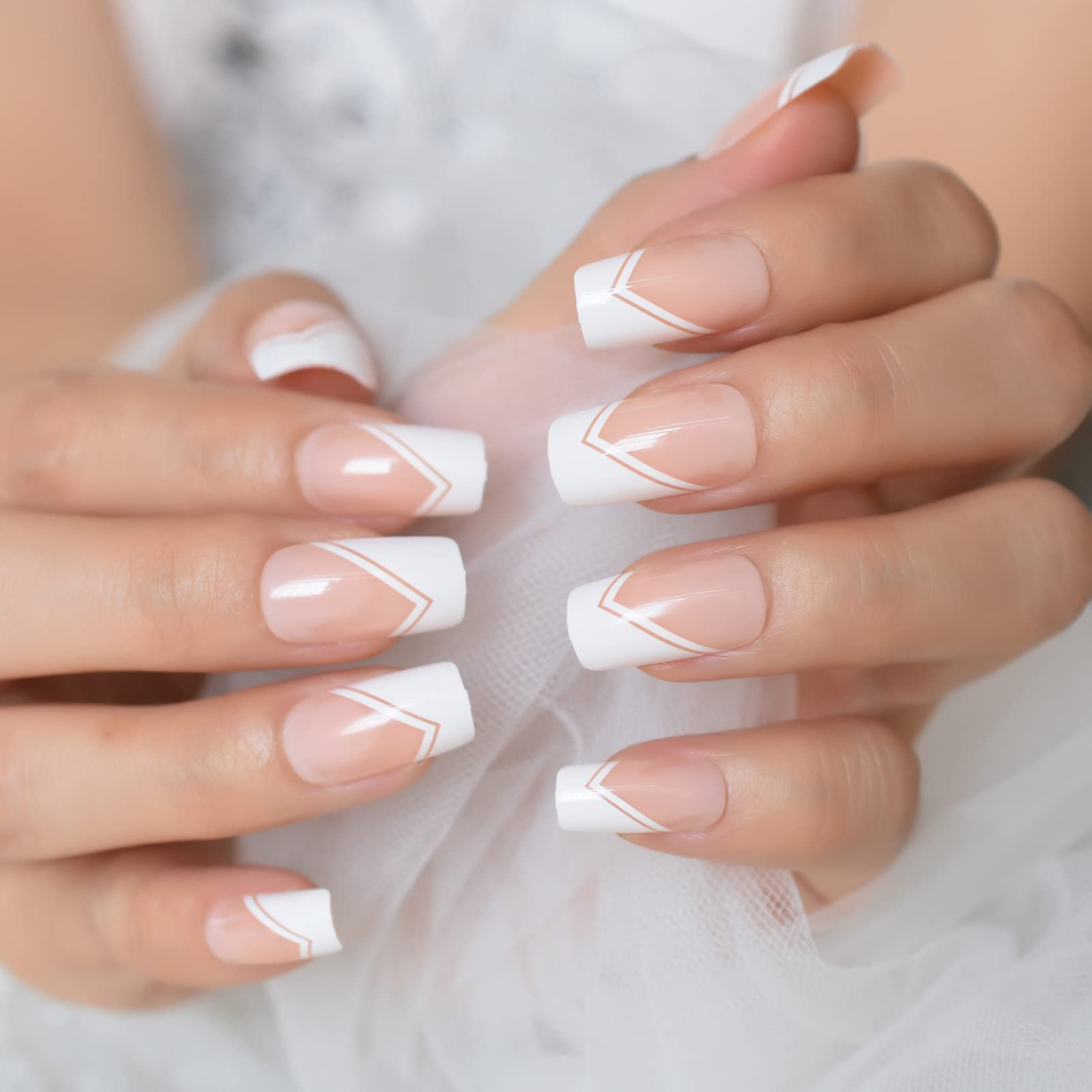 Natural White Press On Nails - Medium Square French Tip Glossy Gel Fake Nails - Full Cover False Nail Tips for Salon Quality Manicure at Home - Perfect for Weddings, Parties & Everyday Wear