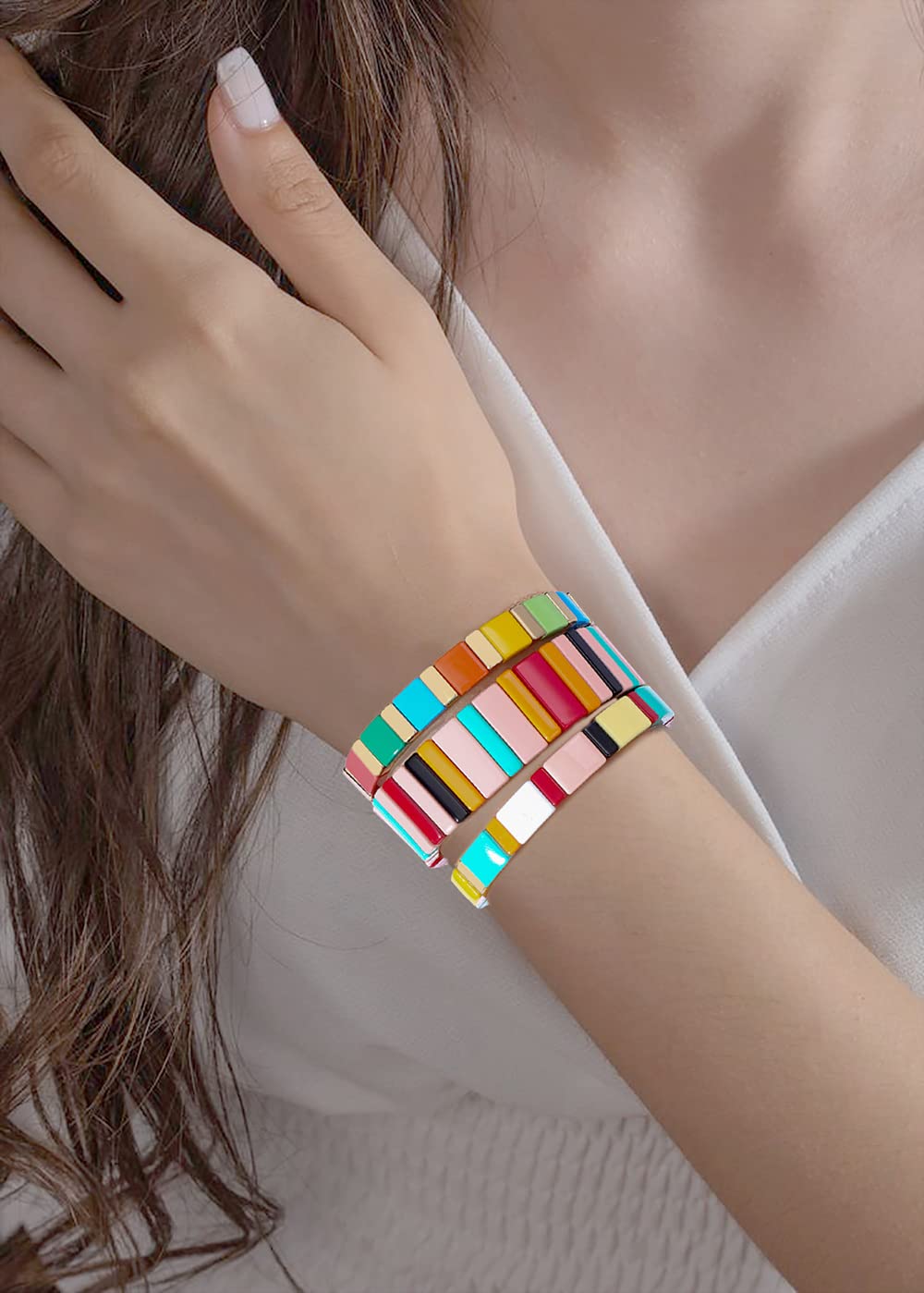 METOBAR Enamel Tile Tila Bracelets Set - Multicolor Bohemian Beaded Stretchy Elastic Bracelets for Women, Handmade Stackable Jewelry - Perfect for Festivals, Beach, and Boho Fashion