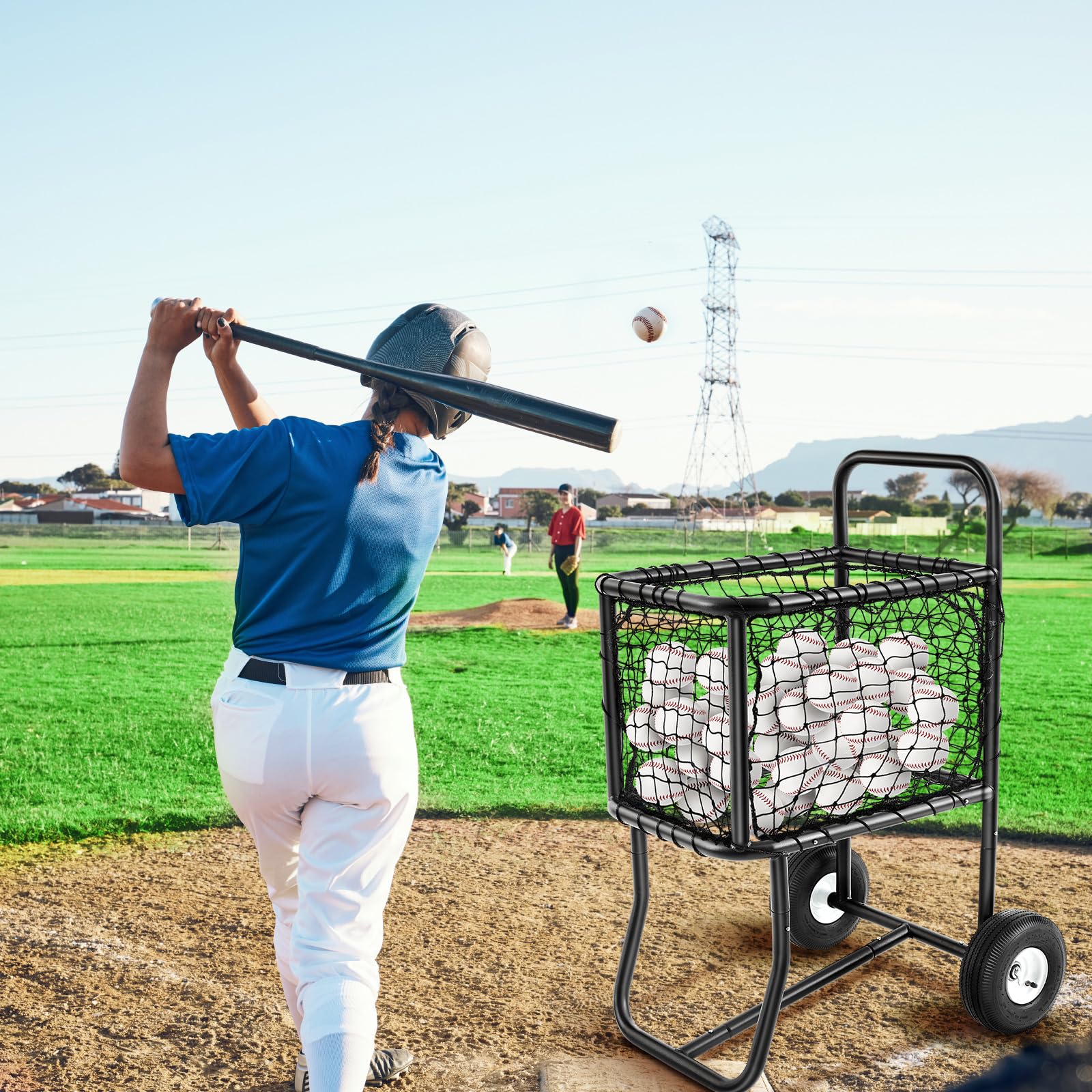 Heavy Duty Baseball Cart with Wheels - Large Rolling Softball Caddy & Ball Holder - Holds 300 Baseballs or 150 Softballs (18