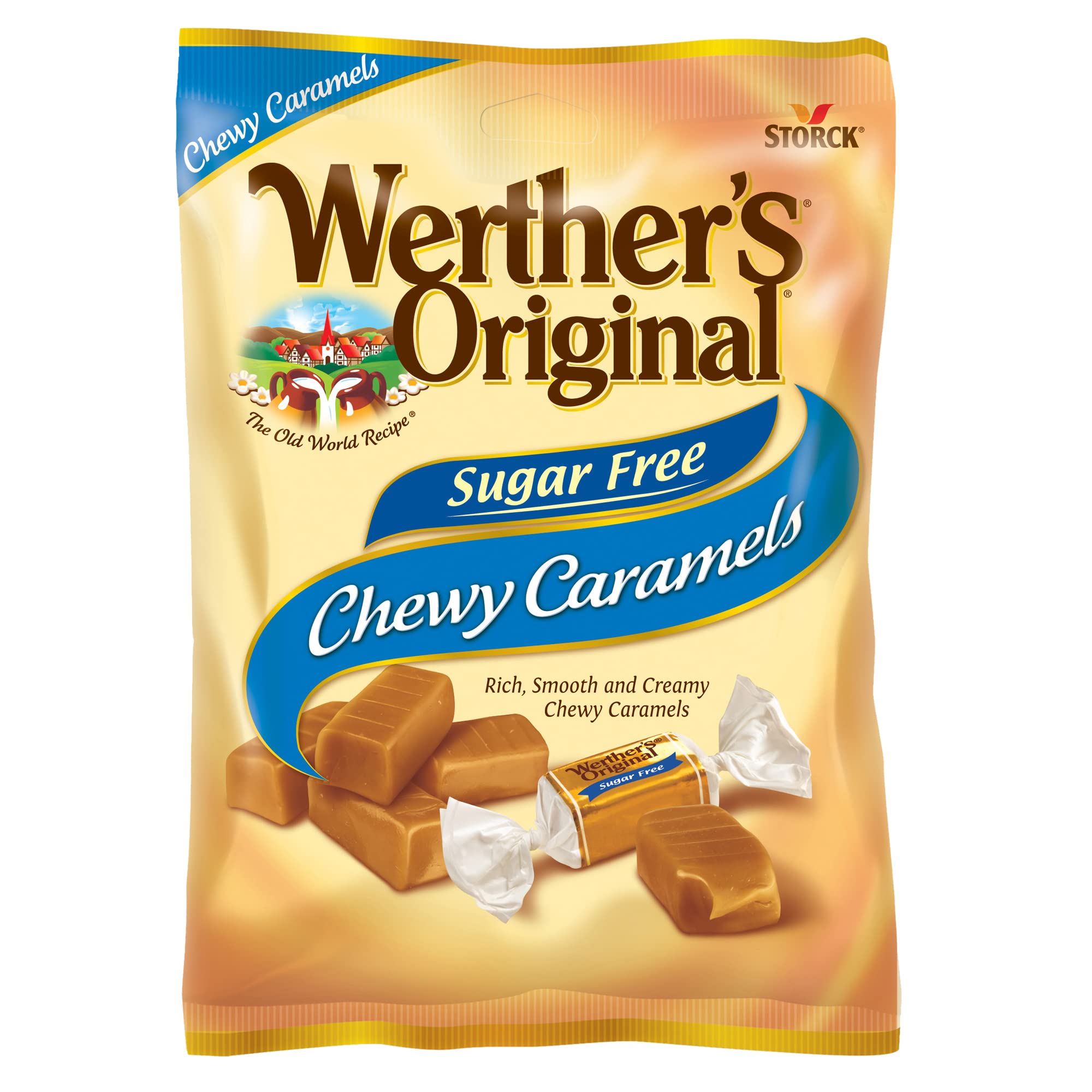 Werther's Original Sugar Free Chewy Caramel Candy - 1.46 Oz Bags (Pack of 12) | Low Calorie Sweet Treat for Diabetics, Keto Diet & Office Snacking