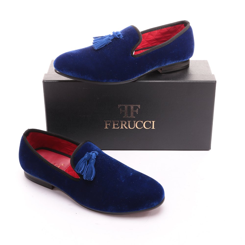 FERUCCI Handmade Men's Blue Velvet Slippers - Comfortable Loafers with Tassel Detail | Perfect for Indoor Lounging & Casual Home Wear