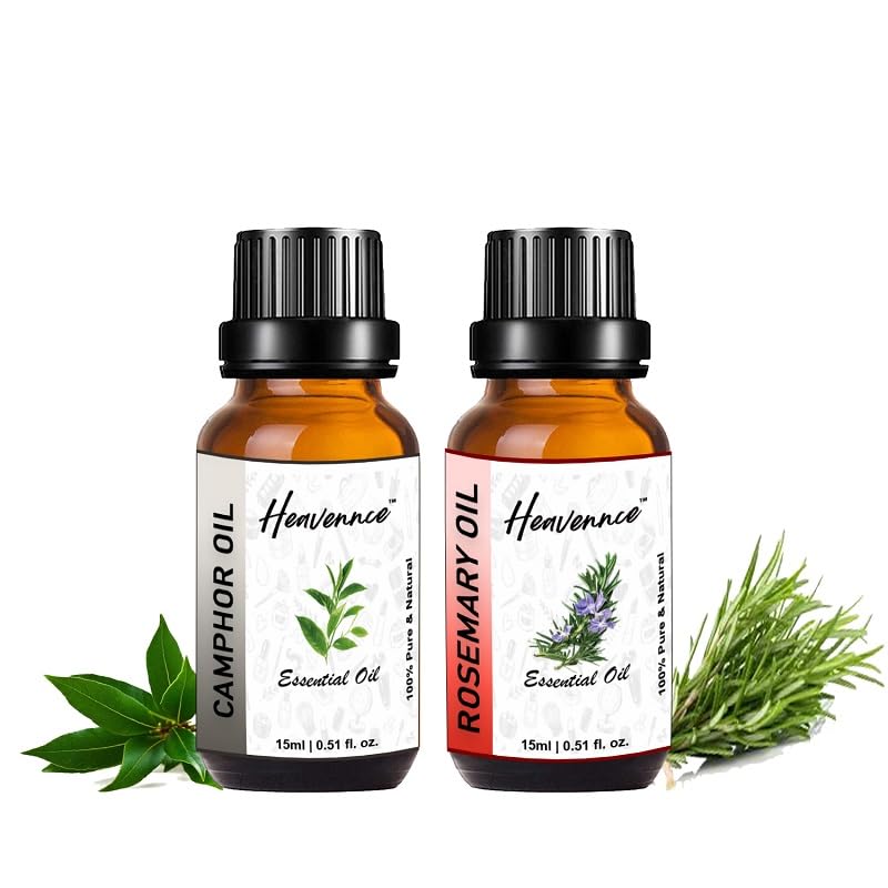 Heavennce Camphor Oil & Rosemary Oil Combo (30ML, Pack of 2) - Natural Hair Growth, Skin Moisturizer, Anti-Aging, Pain Relief & Aromatherapy | Perfect for Massage, Diffuser & DIY Beauty Products