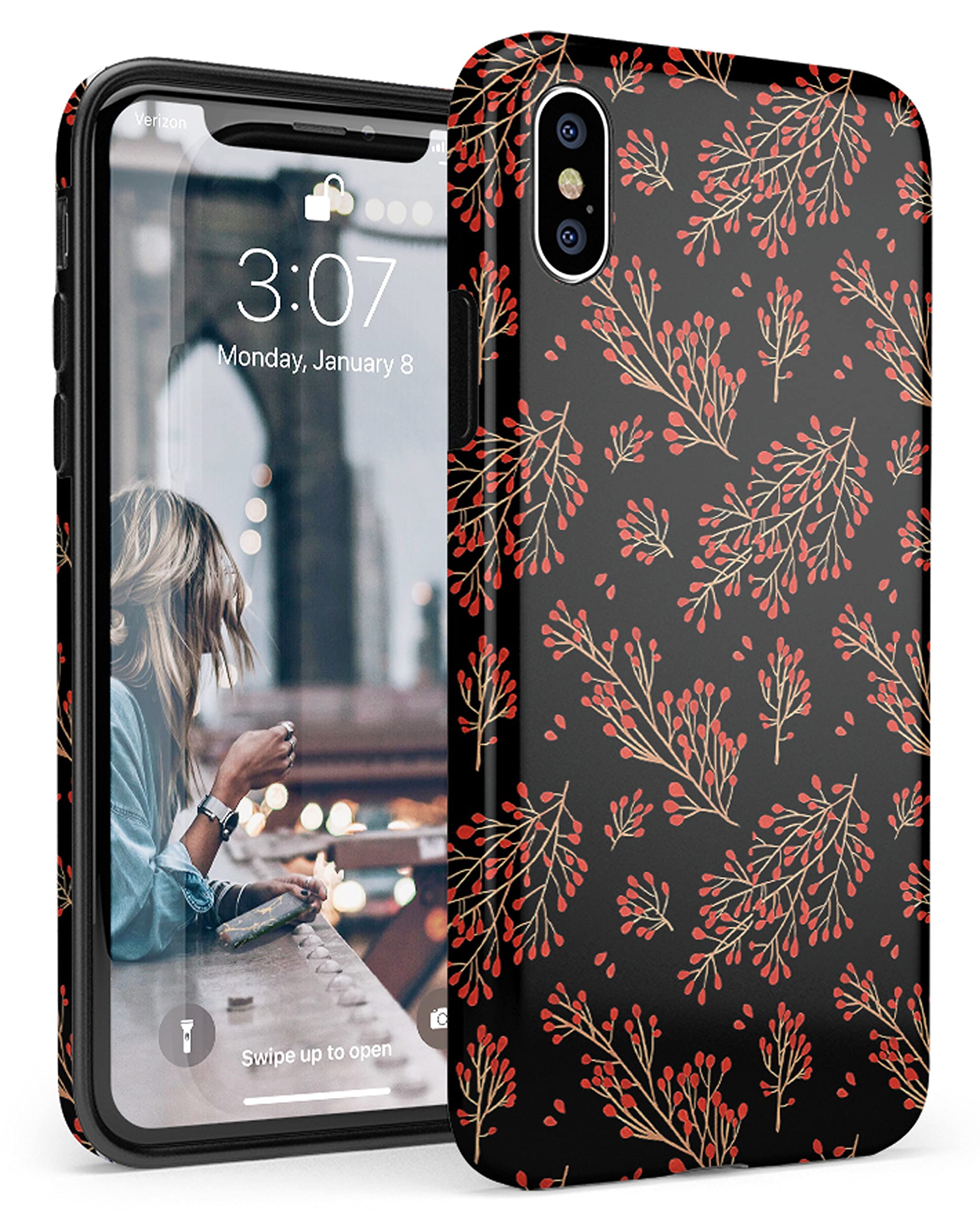 Casely iPhone X/XS Case - Festive Floral Design with Branch Pattern | Slim Protective Cover for Women | Perfect for Everyday Use, Office & Travel