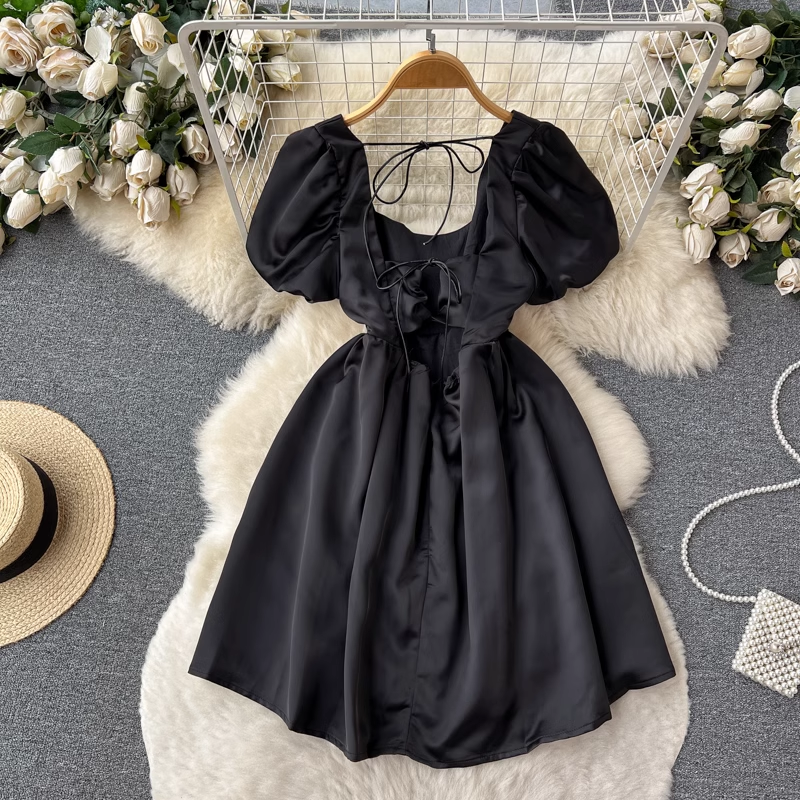 Elegant French Style Black Summer Dress for Women - Backless Puff Sleeve Midi Skirt | Perfect for Cocktail Parties, Date Nights & Special Occasions