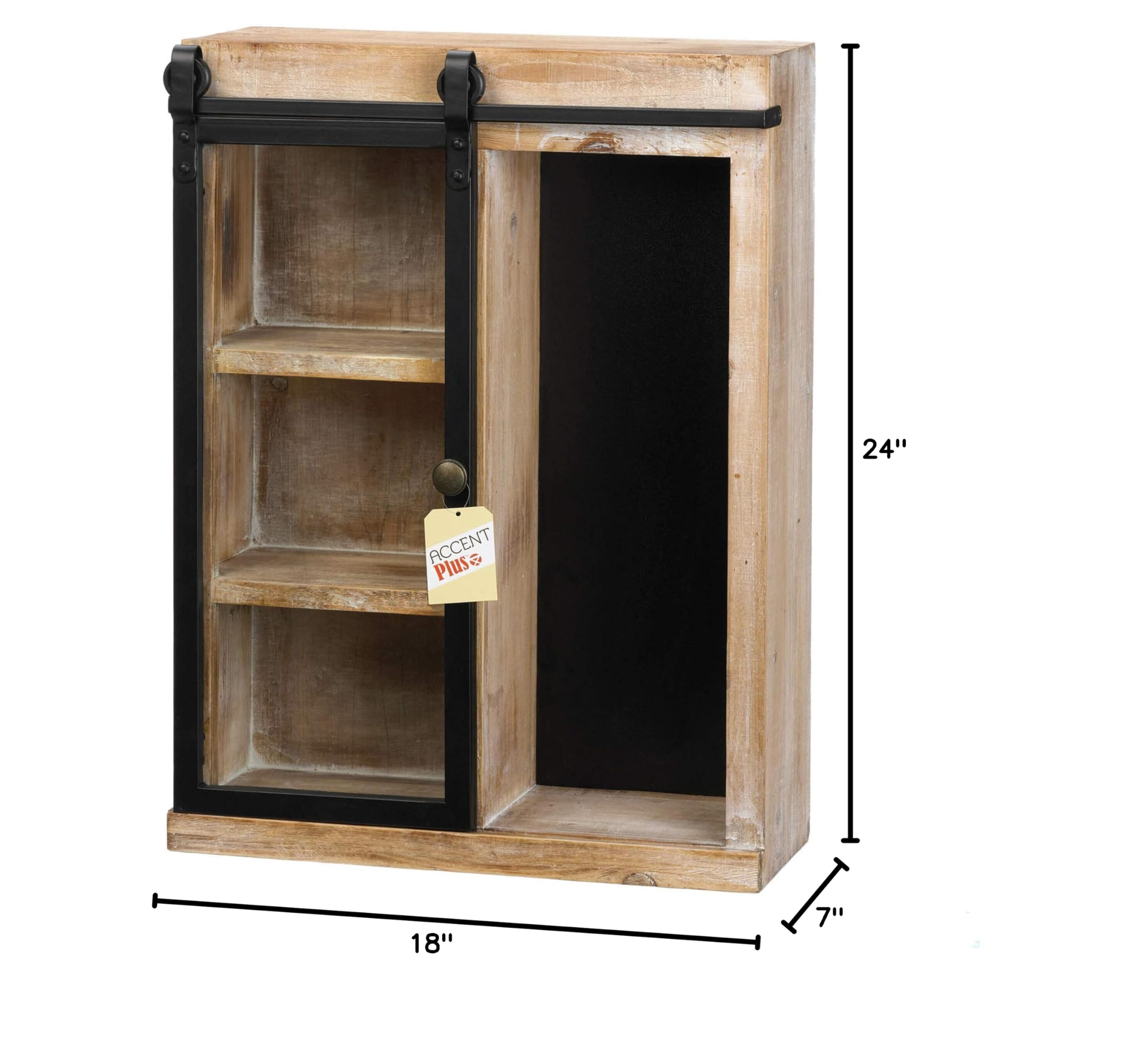 Rustic Open Wall Cabinet with Chalkboard Back & Glass Barn Door - Farmhouse Kitchen Storage for Spices, Dishes & Decor | Accent Plus Home Organization