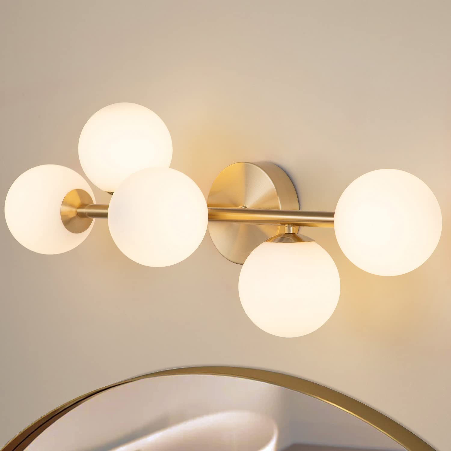 Vintage Brass Bathroom Vanity Lights - 5-Light Mid Century Modern Fixture with Milk Glass Globes, Gold Finish, G9 Base - Perfect for Bathroom, Powder Room & Dressing Area Lighting
