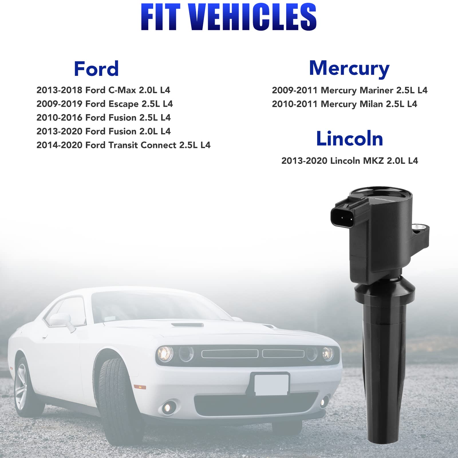 4-Piece Ignition Coil Pack & Spark Plug Set Compatible with Ford Fusion/Escape/C-Max/Transit Connect/Lincoln MKZ/Mercury Mariner/Milan (2010-2016) 2.0L 2.5L L4 - Replacement for DG507 - Perfect for Engine Tune-Ups & Performance Upgrades