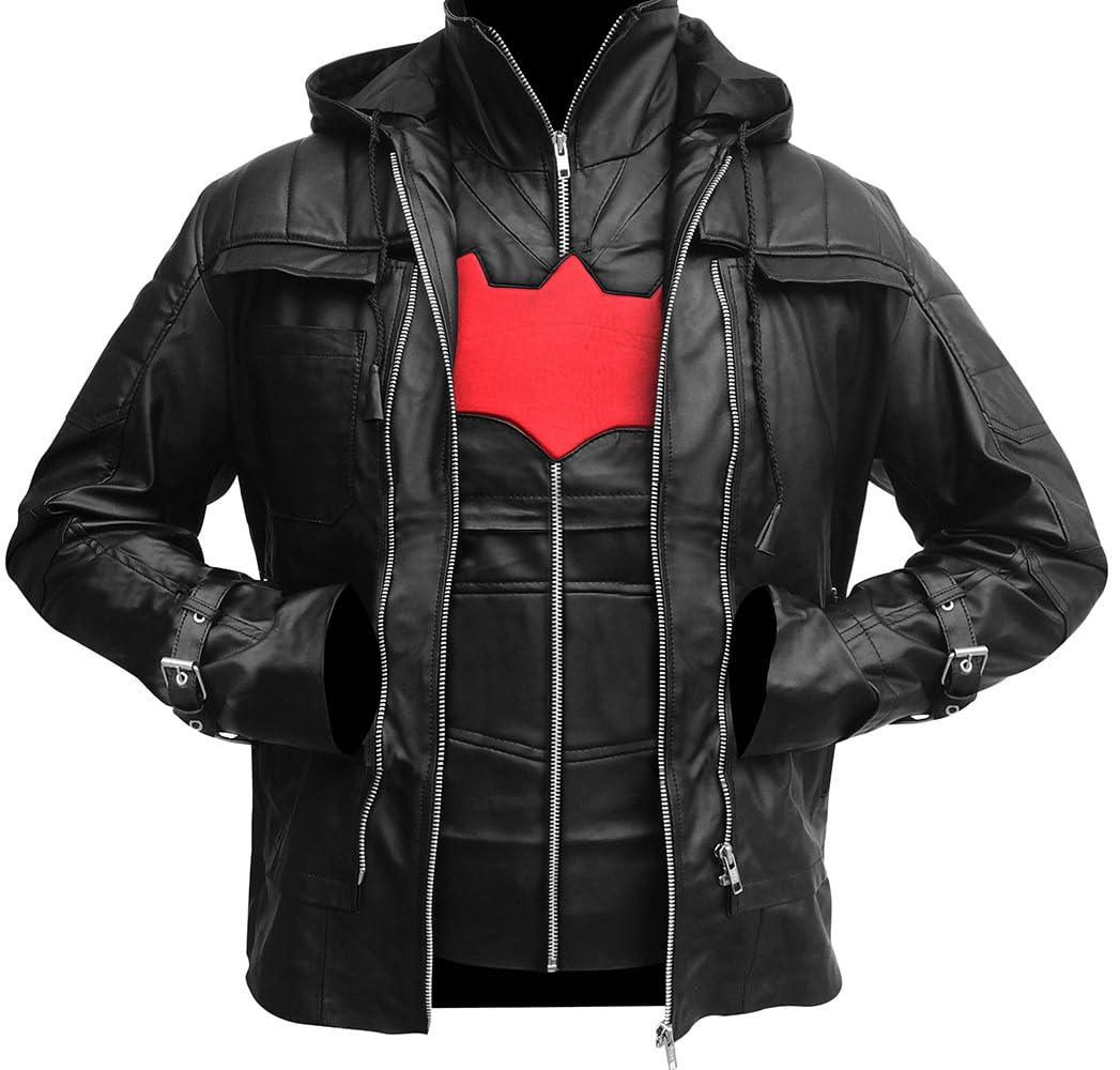 Black Hood Bat Jacket & Red Hooded Leather Vest - 2-in-1 Cosplay Costume for Halloween, Comic Con & Superhero Themed Parties