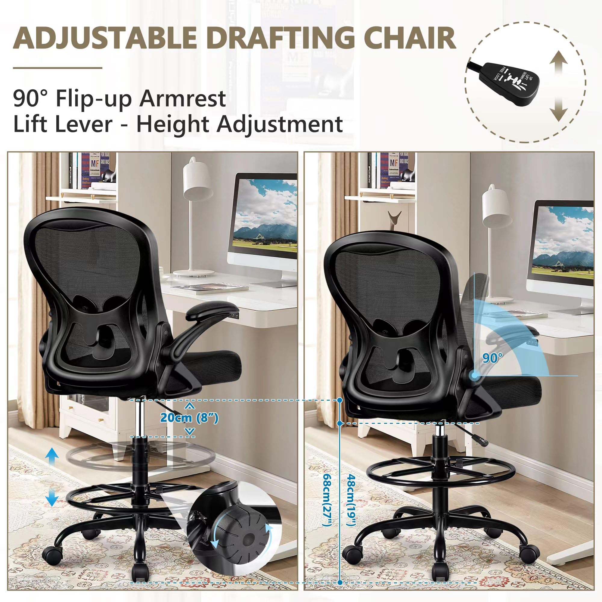 Ergonomic Drafting Chair - Adjustable Height Office Chair with Lumbar Support, Swivel & Rolling Base, Flip-Up Armrests & Foot Ring for Standing Desk - Black | Perfect for Architects, Artists, Home Office & Computer Workstations