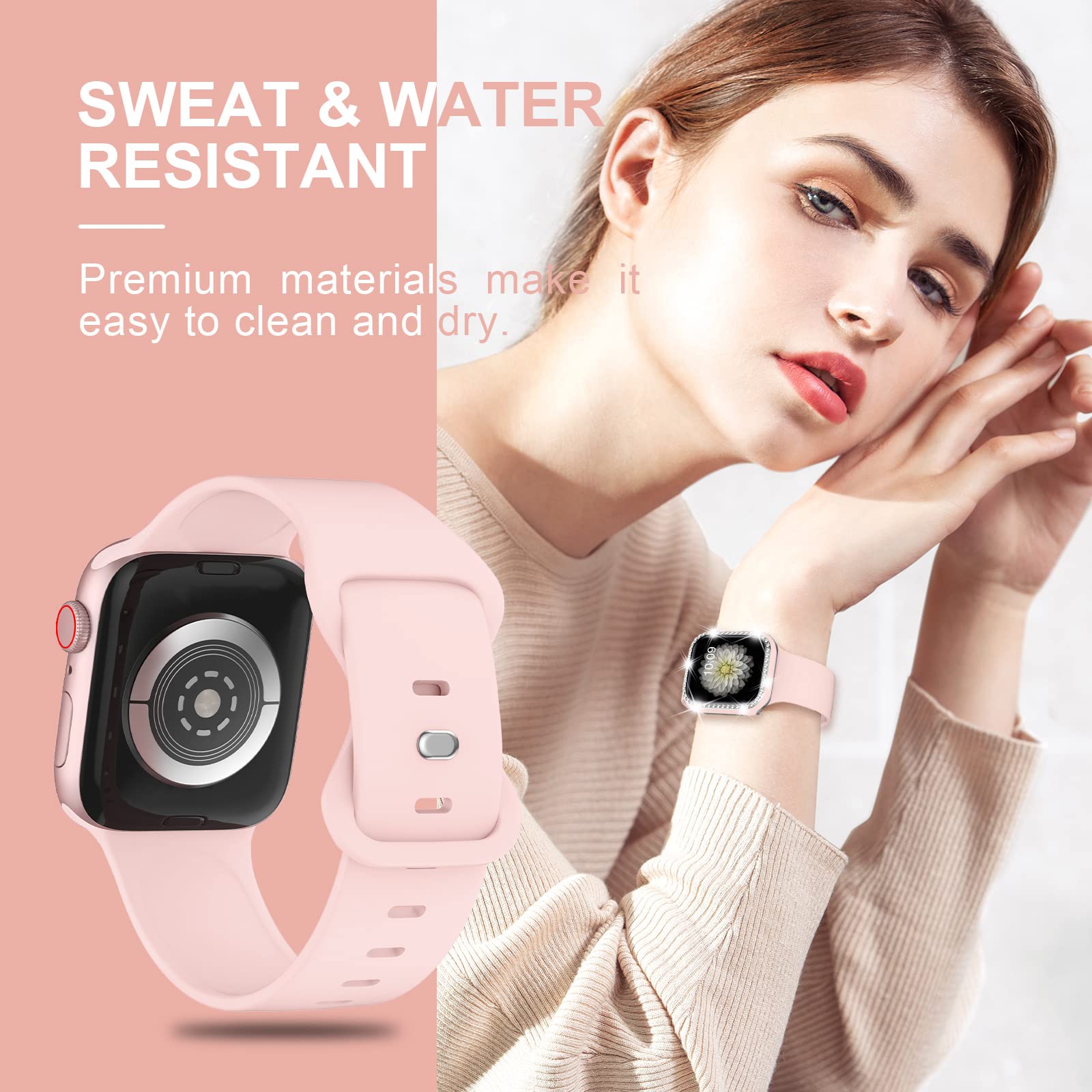 XYF Pink Glitter Apple Watch Band with Bumper Case - Compatible with iWatch SE Series 10/9/8/7/6/5/4/3/2/1 & 38mm 40mm 42mm 44mm 45mm 46mm - Soft Silicone Strap for Women - Perfect for Workouts, Daily Wear & Fashion Accessories