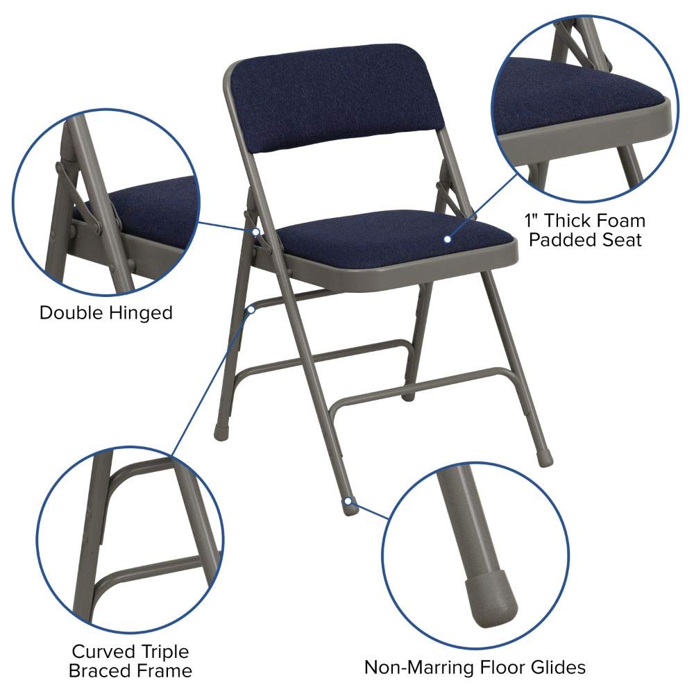 Flash Furniture 2-Pack HERCULES Series Heavy Duty Metal Folding Chairs - Navy Blue Fabric, Curved Triple Braced & Double Hinged Design for Events, Parties, Banquets and Home Use