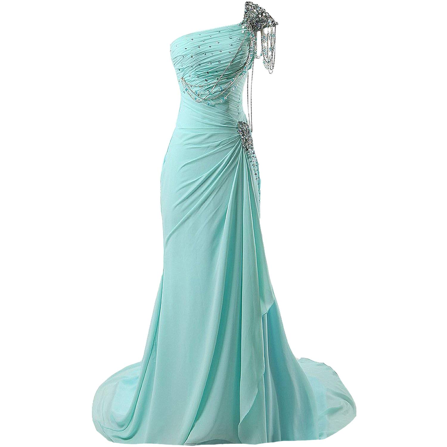 Kivary® Women's Beaded One Shoulder Crystal Chiffon Long Corset Prom Evening Dress - Elegant Formal Gown for Homecoming, Wedding Guest, Cocktail Party & Special Occasions