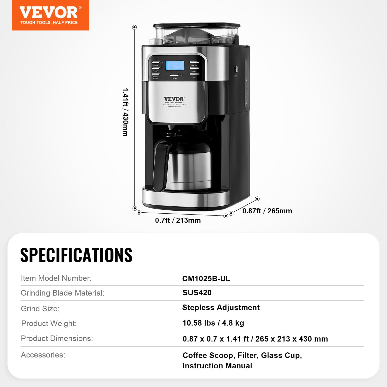 VEVOR 8 Cup Coffee Maker with Built-in Grinder, 3 Brew Strength Control & 24-Hour Auto Brew Timer - Perfect for Home, Office, and Restaurant Use