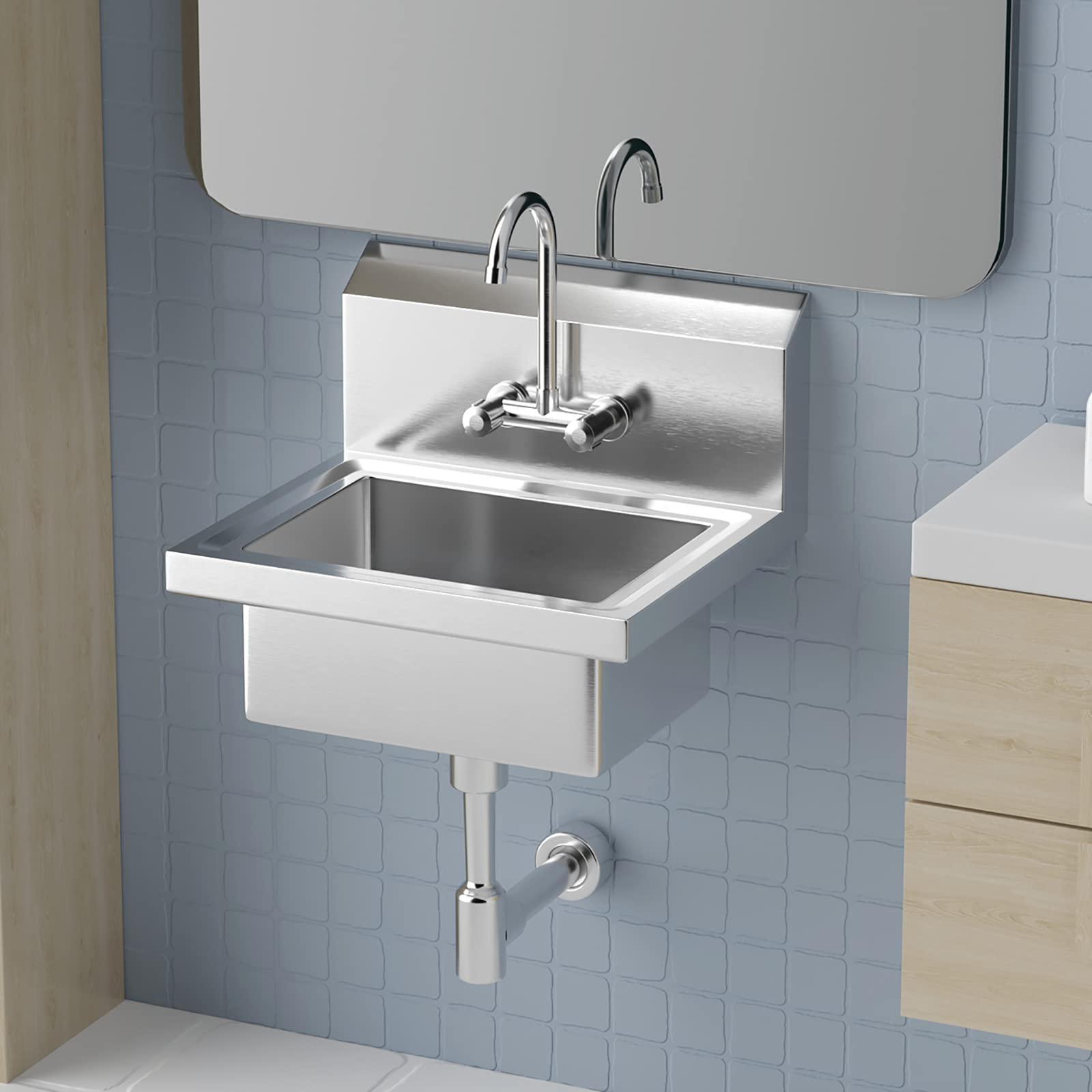 **Bonnlo Commercial Stainless Steel Hand Washing Sink with Hot & Cold Faucet - Wall Mount Utility Sink with Drainer for Restaurants, Home Kitchens & Workshops - Heavy Duty Hand Wash Basin for High-Traffic Use**
