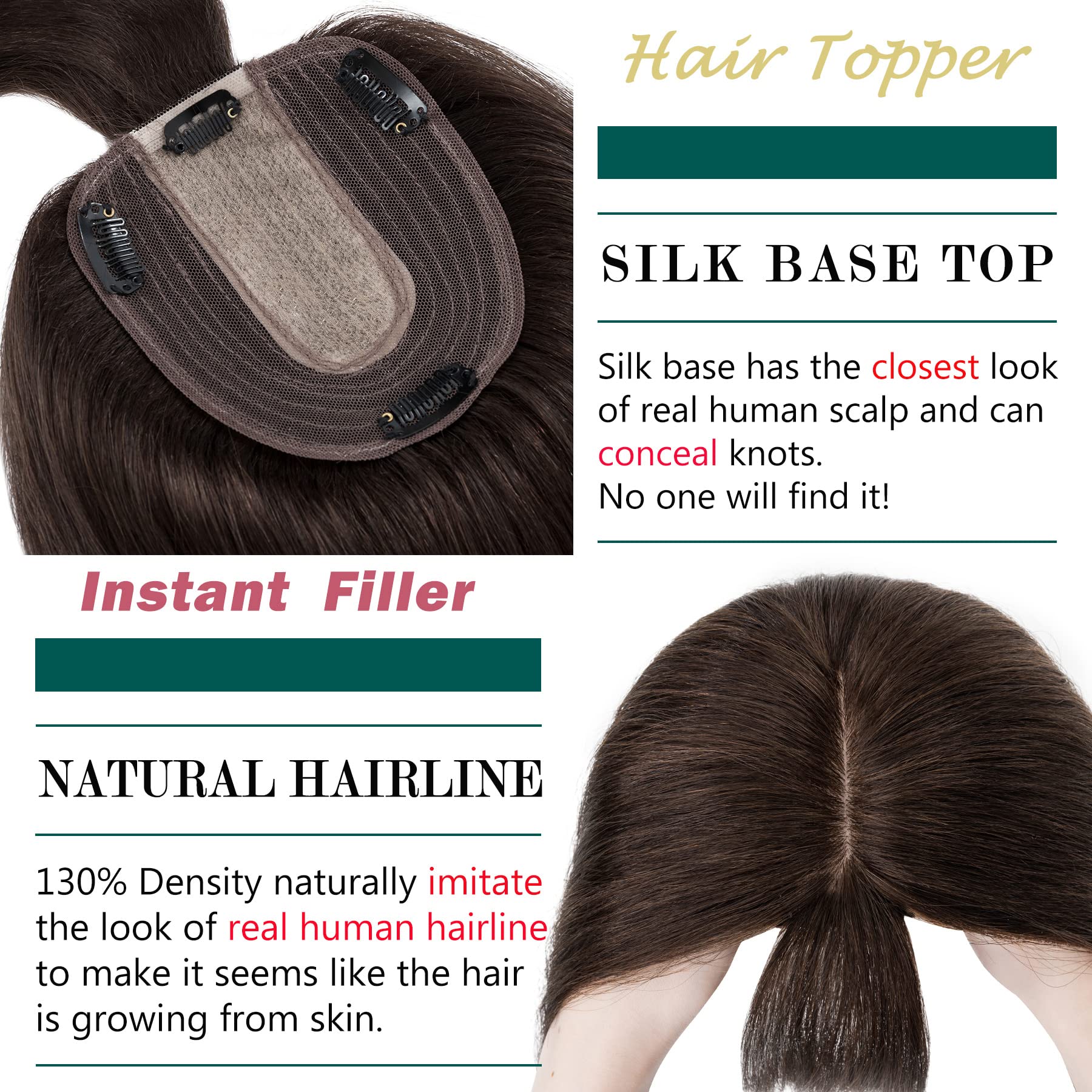 Premium 130% Density Human Hair Toppers with Bangs - Hand-Tied Silk Base Clip-In Hairpiece for Women with Thinning Hair | Hair Loss Solution & Gray Coverage | 14 Inch 45g Dark Brown | Perfect for Daily Wear, Special Occasions & Styling Versatility