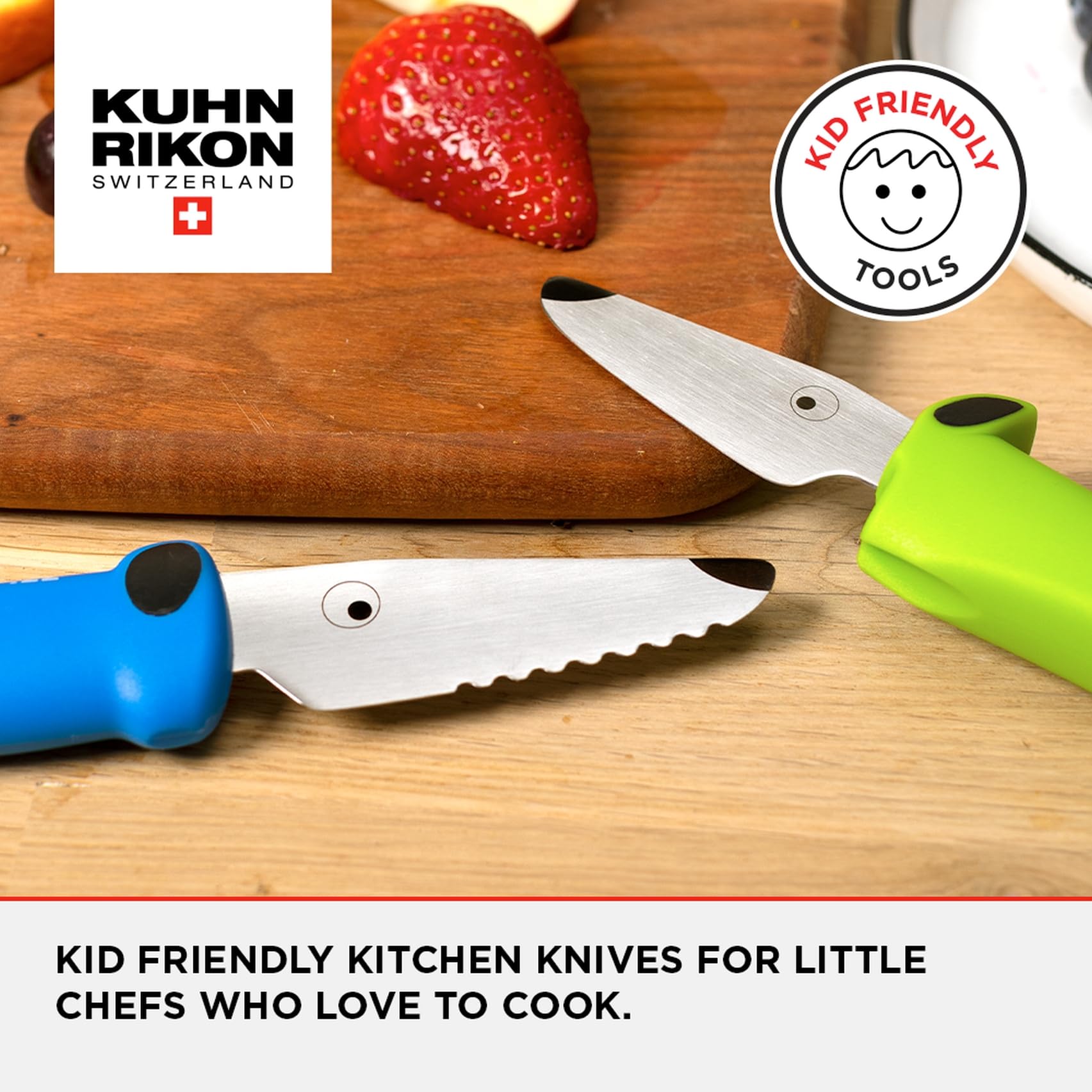 Kuhn Rikon Kinderkitchen Child-Safe Knife Set - 2 Pack Kids Cooking Knives with Non-Slip Handles | Safe Cutlery for Toddlers & Children Ages 3+ | Perfect for First Cooking Lessons, Fruit Cutting & Kitchen Play | Includes 3-Year Warranty