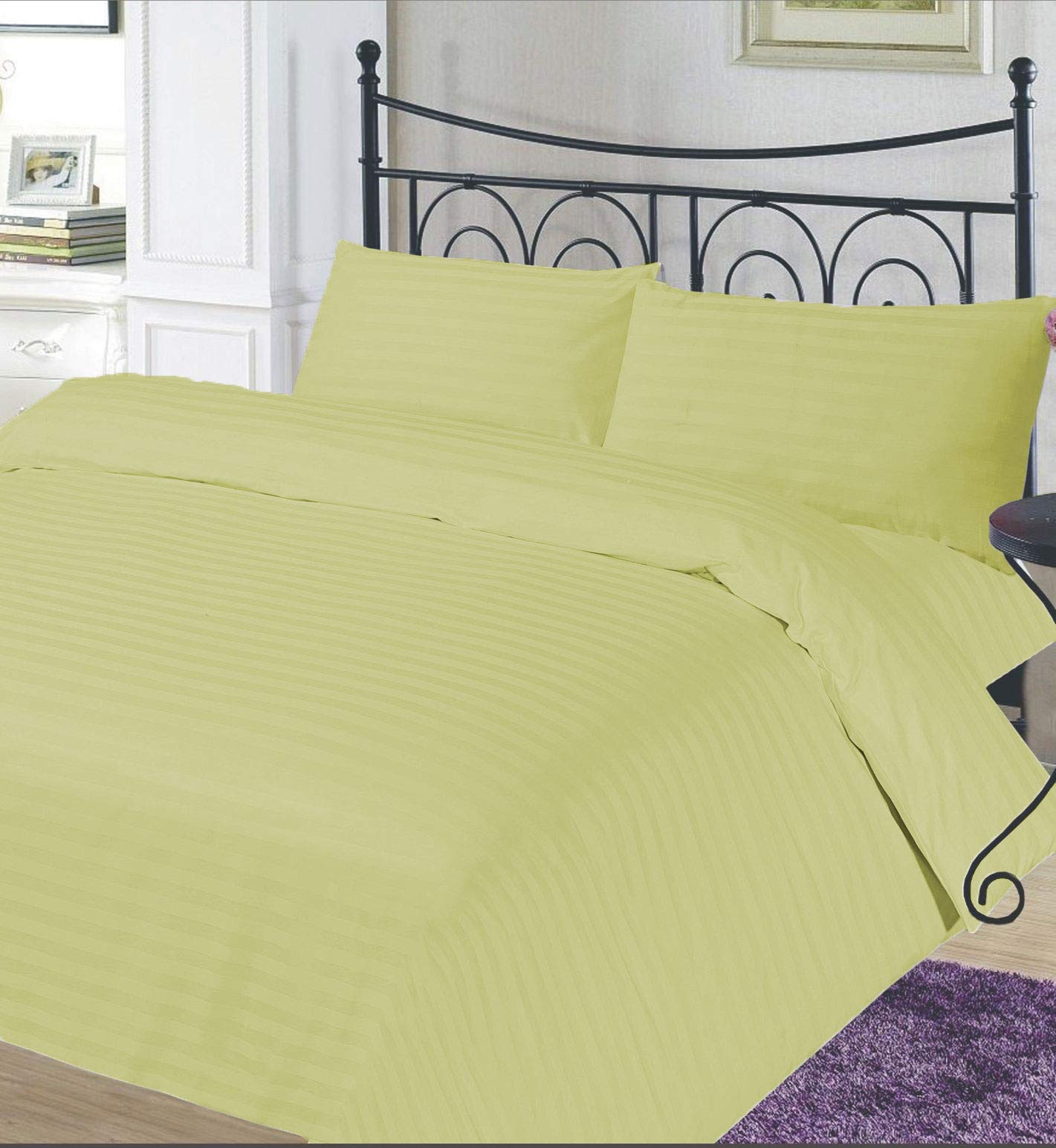 Premium 100% Egyptian Cotton 500 Thread Count Queen Size Duvet Cover - Soft Horizontal Stripe Design in Sage Green | Perfect for Master Bedroom, Guest Room & Luxury Hotel Decor