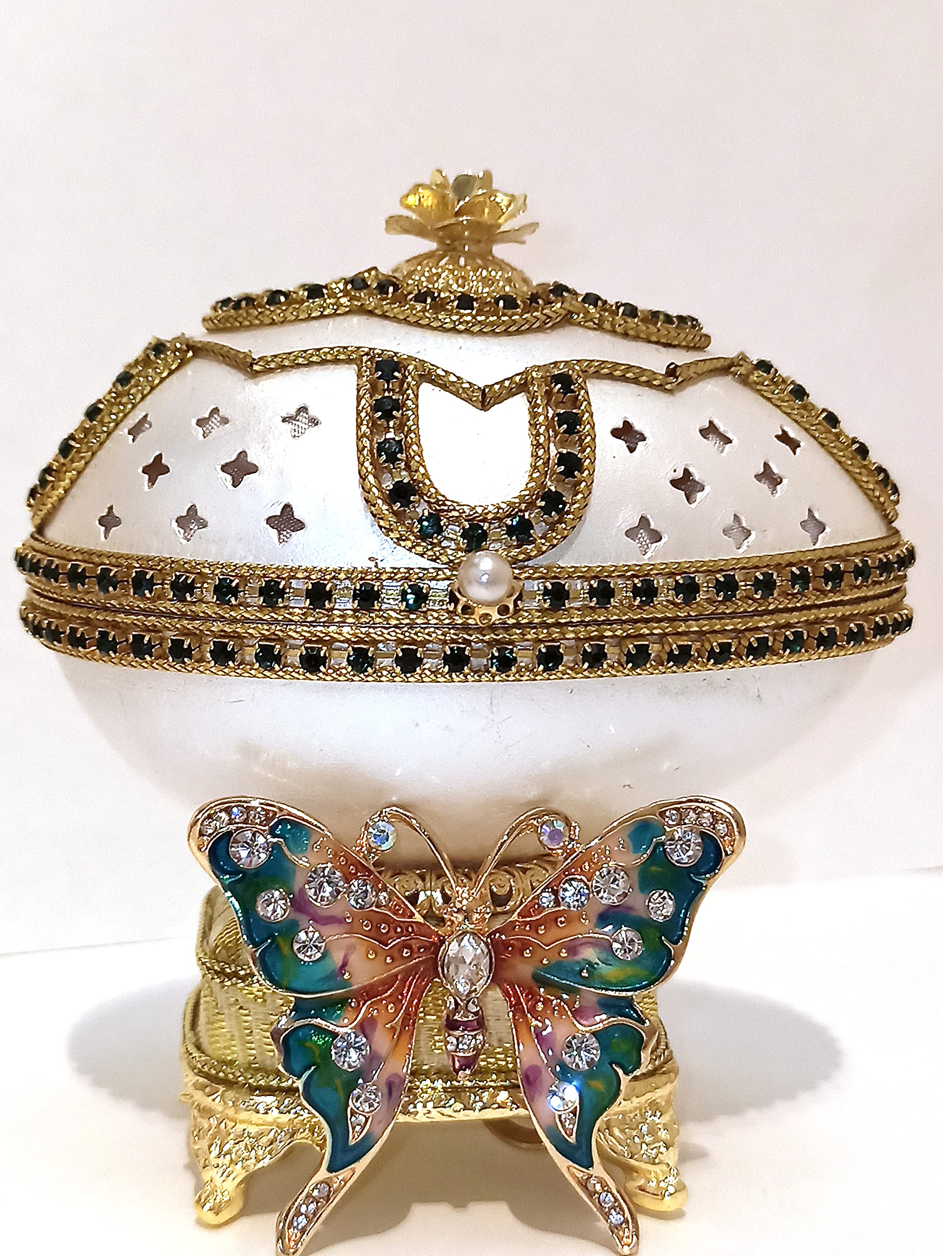 Handcrafted 24K Gold Butterfly Jewelry Box - Real Emerald Crystal Gem Faberge Egg Treasure Box | Unique Music Box Gift for Teenagers, Birthday, Christmas | Perfect for Jewelry Storage & Decorative Home Accent