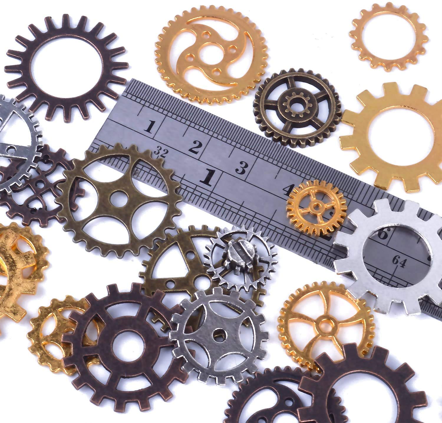 Kuou 100 Grams Antique Brass Cogs and Gears Set - Steampunk Charms for Jewelry Making, DIY Crafts, and Costume Accessories - Perfect for Necklaces, Bracelets, and Cosplay Designs