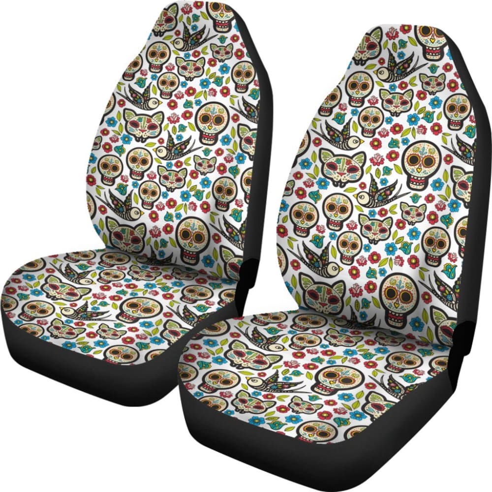 2 Pcs Floral Sugar Skull Car Seat Covers - Day of The Dead Mexican Style Decor for Cars, Trucks & SUVs - Perfect for Halloween, Dia de los Muertos Celebrations & Gothic Car Accessories