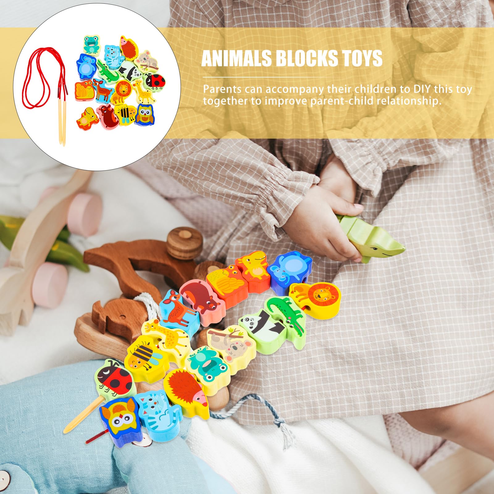 Montessori Wooden Animal Beads Threading Toy Set - Educational Toddler Beading Activity for Fine Motor Skills Development | Perfect for Preschool Learning, Daycare Centers & Home Playtime