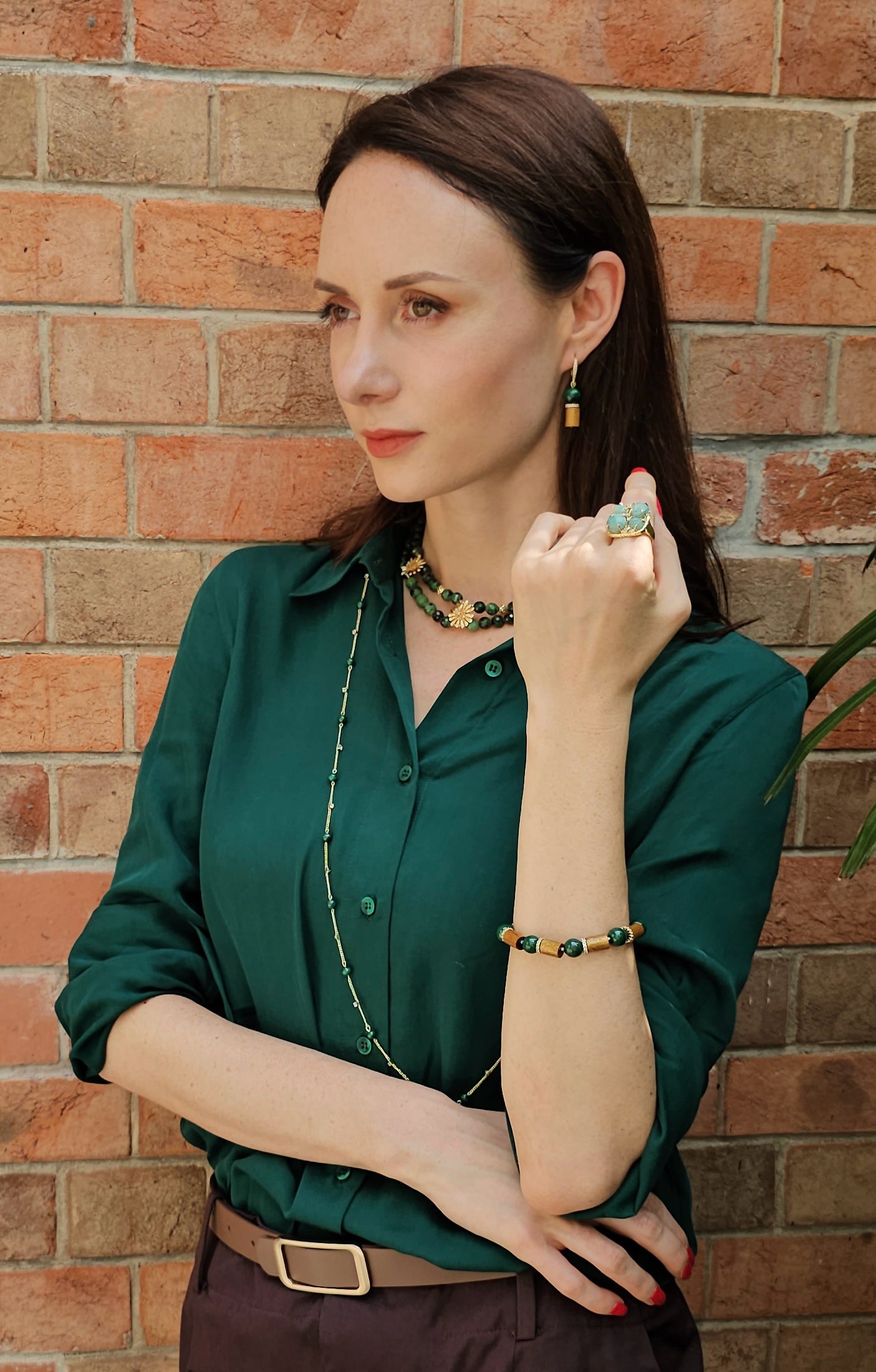 Golden Coral and Malachite Dangle Earrings NE033 - Elegant Handmade Jewelry for Women, Perfect for Parties, Weddings & Special Occasions