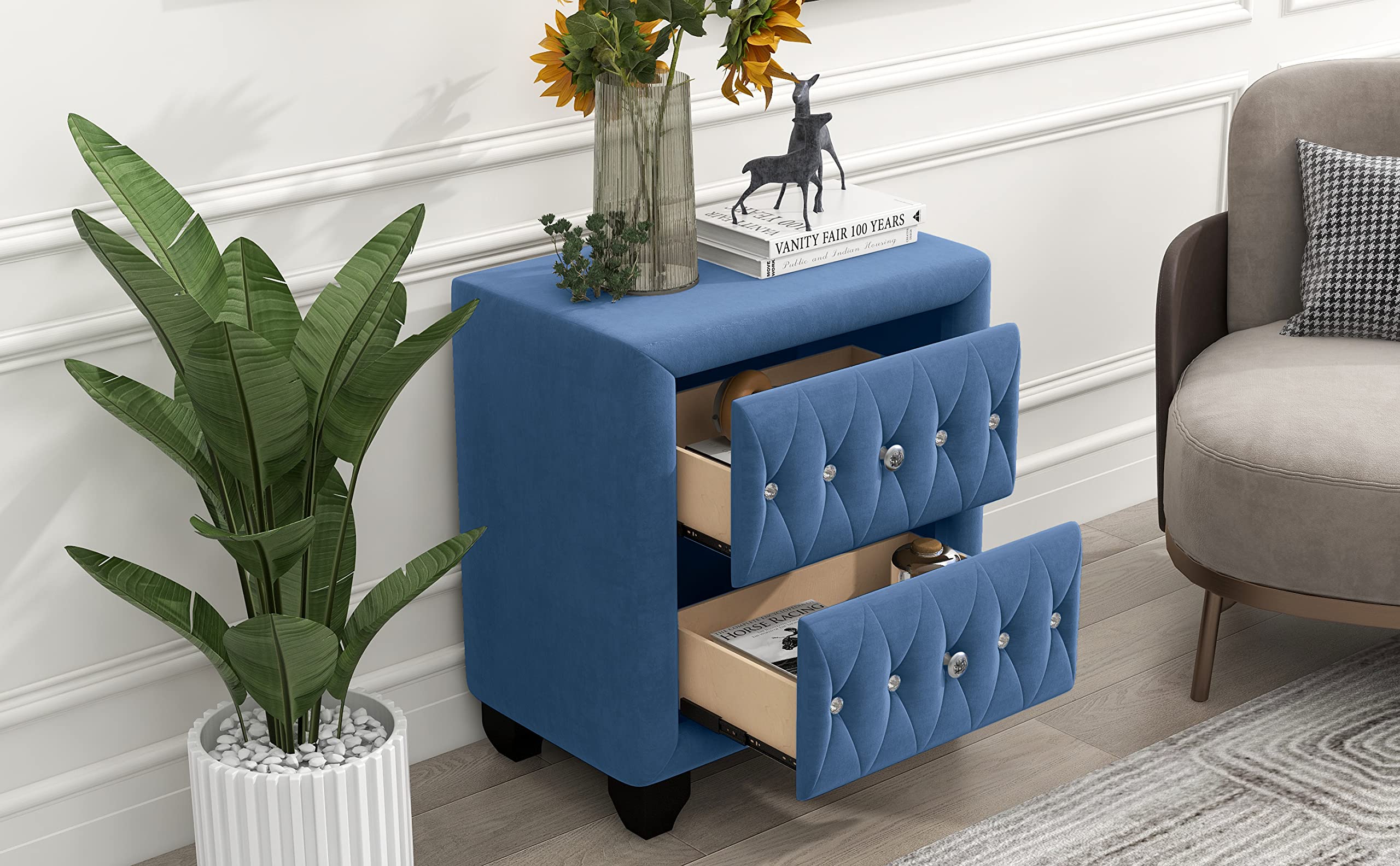 Blue Nightstand with 2 Drawers & Diamond Handle - Bedside Storage for Bedroom, Living Room