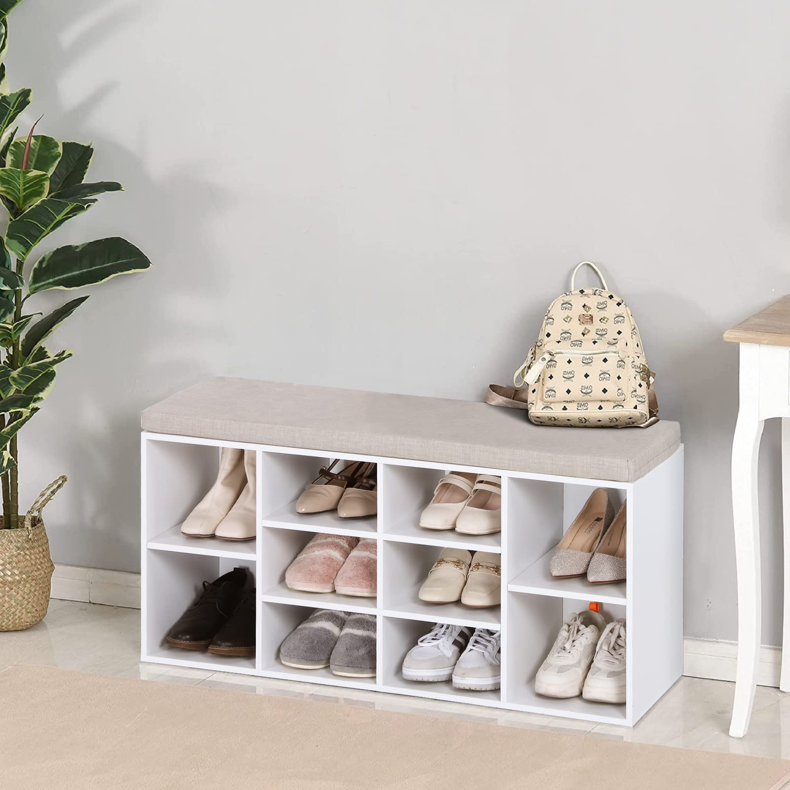 Sophia & William Entryway Shoe Bench with Cushion - 8 Compartment Storage Cabinet, Adjustable Shelves Freestanding Shoe Rack (400 lbs Capacity) - Perfect for Hallway, Mudroom & Closet Organization - White